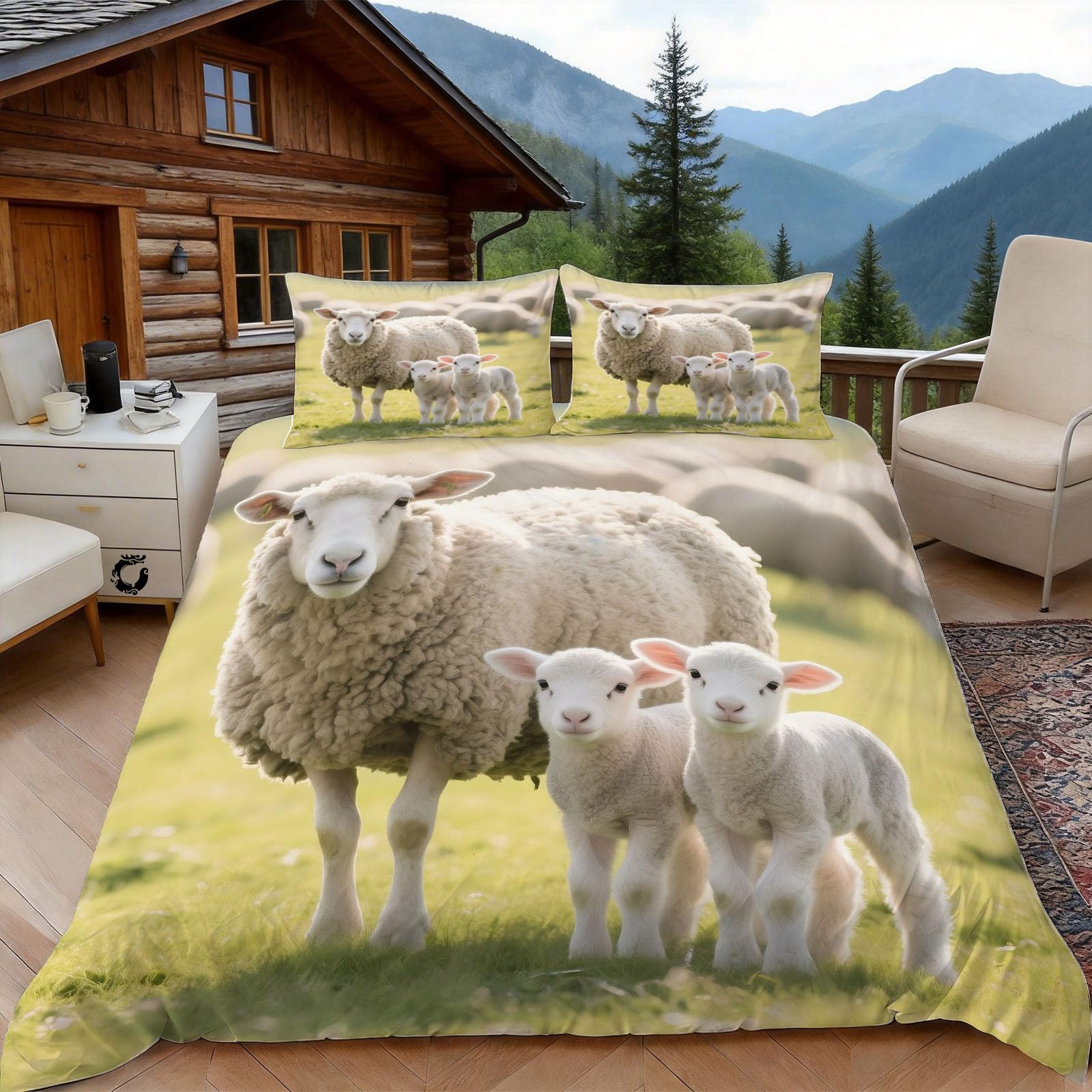 Housse de couette 140x200 fermeture éclair motif mouton ferme