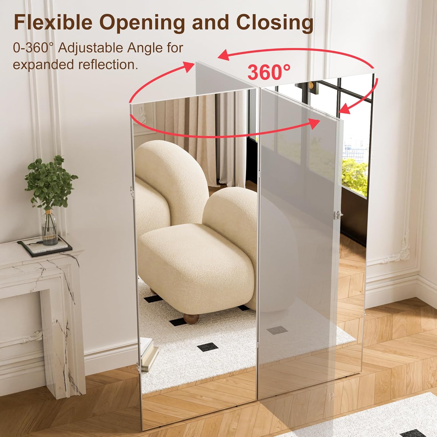 brisafe NanoMirror Space-Saving 360° Folding Full Length Mirror, 63" x 63" Ultra-Large Wall Mounted Shatterproof Foldable Design for Home Gym, Yoga, Dance, Fitness Studio, White