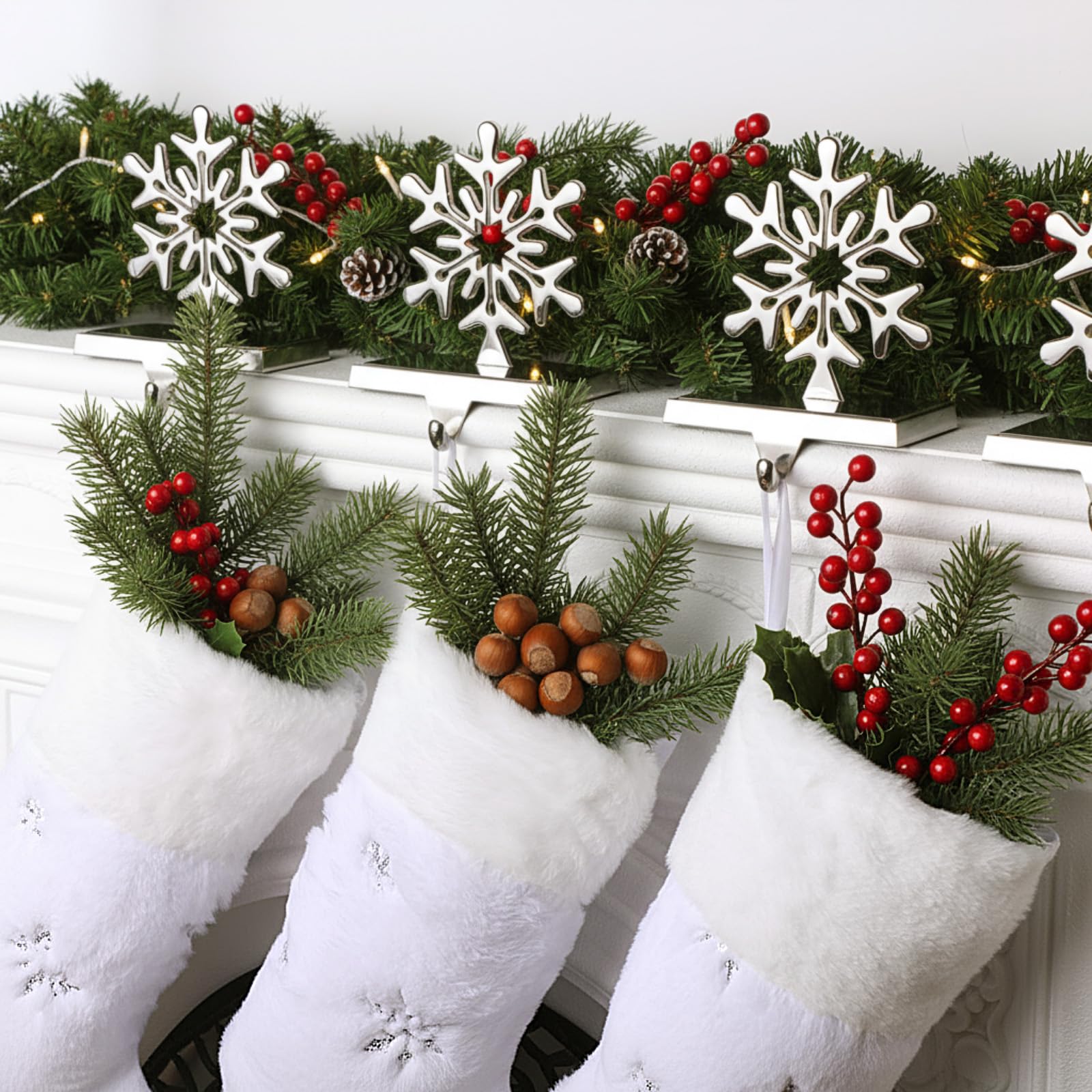 8 Pcs Christmas Stockings with Holder Set Includes 4 Faux Fur Stocking Ornaments 4 Mantle Snowflake Stocking Hangers Hooks for Xmas Family Party Decoration