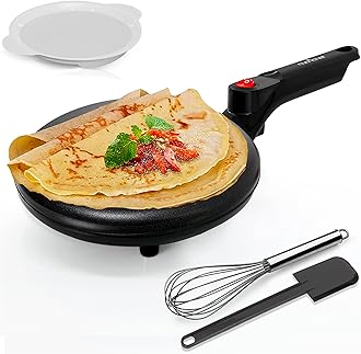 Electric Crepe Maker | 8-inch Nonstick Cooktop with On/Off Switch | Cooks Roti, Tortillas & Pancakes | Automatic Temperature Control & Cool Touch Handle | Includes Food Bowl, Whisk & Spatula