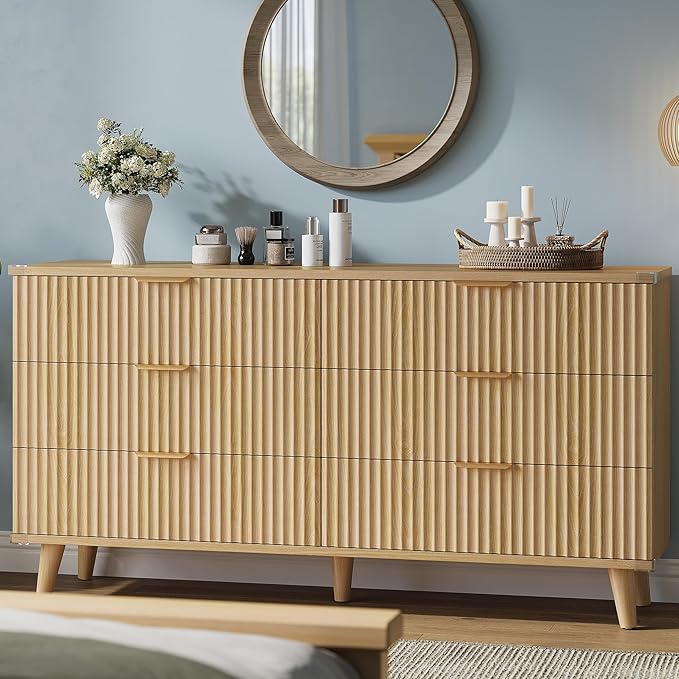 Lulive Dresser for Bedroom Wood Dressers Chest of Drawers, Fluted 53.2" Wide Modern Long Dresser TV Stand 6 Drawers for Bedroom, Closet, Living Room, Hallway (Natural)