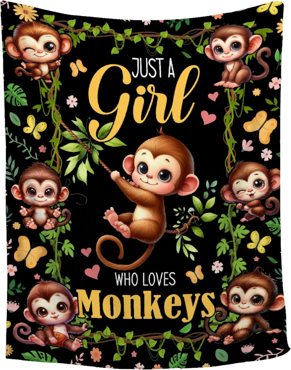 Just A Girl Who Loves Monkeys Blanket for Girls - Ultra Soft,Breathable,Comfortable Flannel Throw for Couch, Sofa,Bedroom - Cute Monkey Animal Pattern Home Decor -40"x50"-Kids/Throw Size