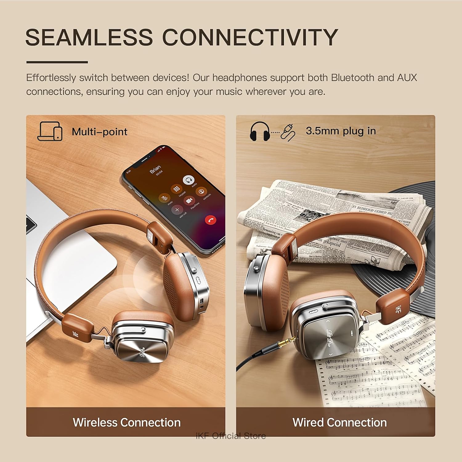 iKF R2 Pro headphones showing both wireless and wired connection options