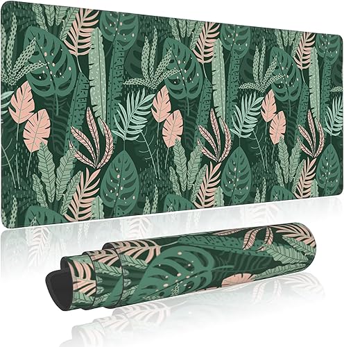 Alfombrilla de mouse extendida para juegos con hojas tropicales abstractas, con bordes cosidos, base de goma antideslizante, alfombrilla de mouse
