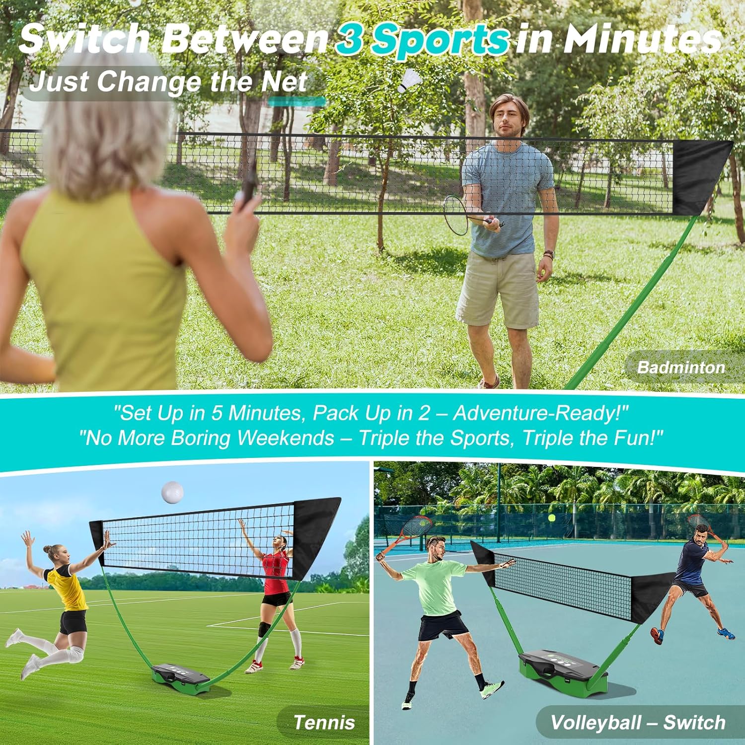 Badminton Set,Volleyball Set,Tennis Set with Storage Base.for Gatherings with Friends,Backyard Fun,Beach outings,Grassy Fields,and Other Outdoor Activities.Complete 3-in-1 Accessory Set.