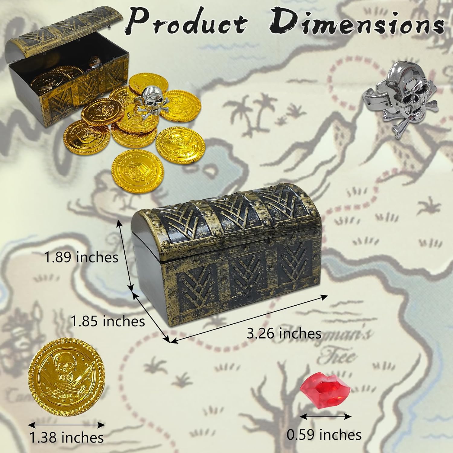 Kids Mini Pirate Treasure Chest Toy Kit - Plastic Small Chest Box With 12 Skull Gold Coins, 24 Gems, 1 Ring for Boys and Girls Halloween Party Favor Costume Prop