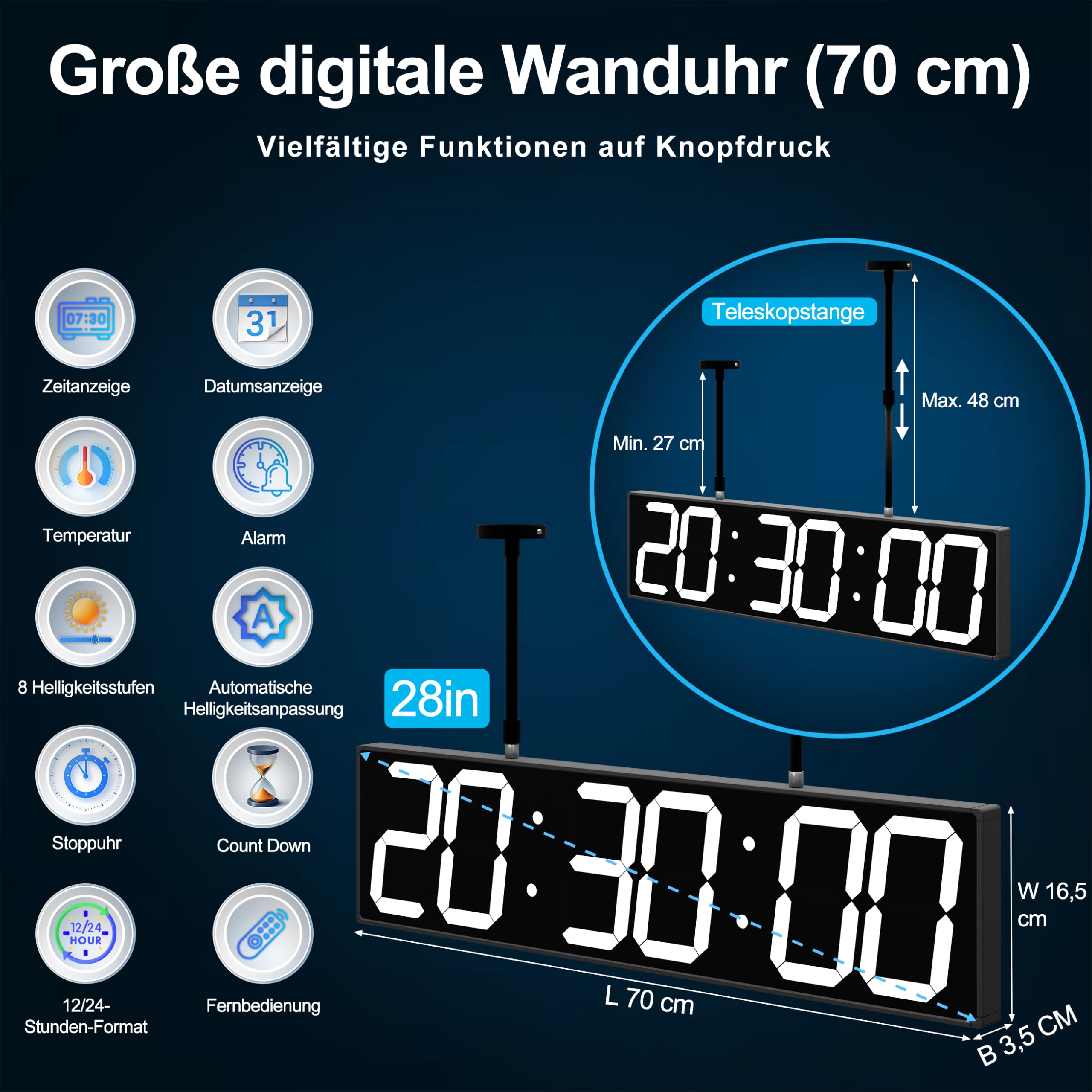 CHKOSDA 70cm Doppelseitige Digitale Wanduhr mit 50m Sicht & Fernbedienung