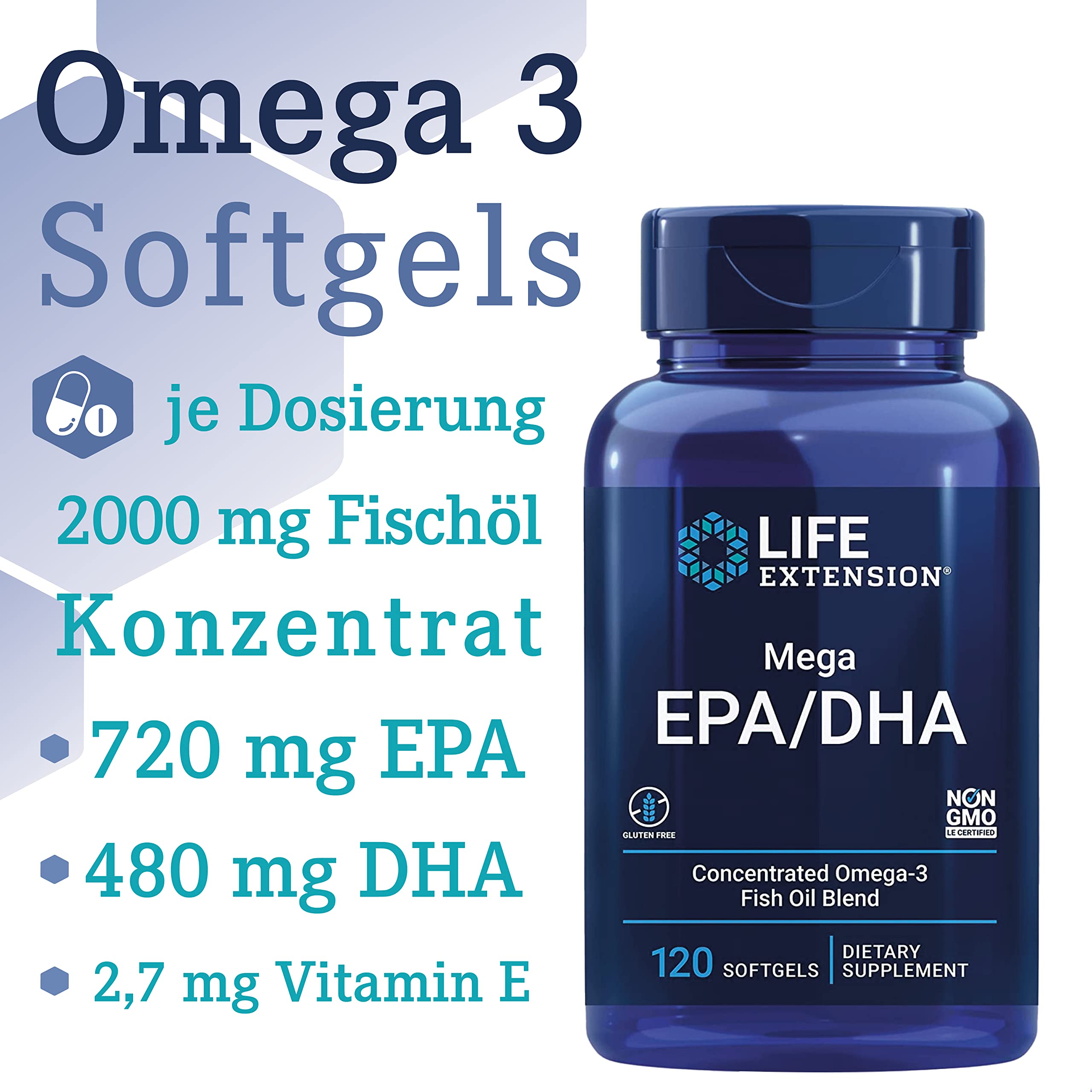 Life Extension, Mega EPA/DHA, 120 glutenfreie Softgels, 2000mg Fischöl-Konzentrat, davon 720mg EPA & 480mg DHA & 2,7mg Vitamin E je Dosis, Sojafrei, GMO frei, Geschmacksneutral