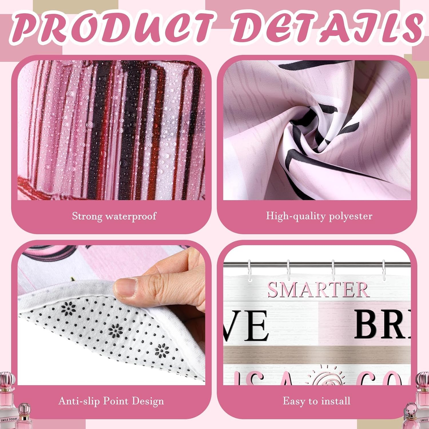 Tranqun 8 Pcs Pink Shower Curtain Set Pink Perfume Fashion Bathroom Decor with Shower Curtain Rugs 4 Wash Towels and Accessories Girly Perfume Bathroom Set with 12 Hooks for Decor Waterproof Non-Slip
