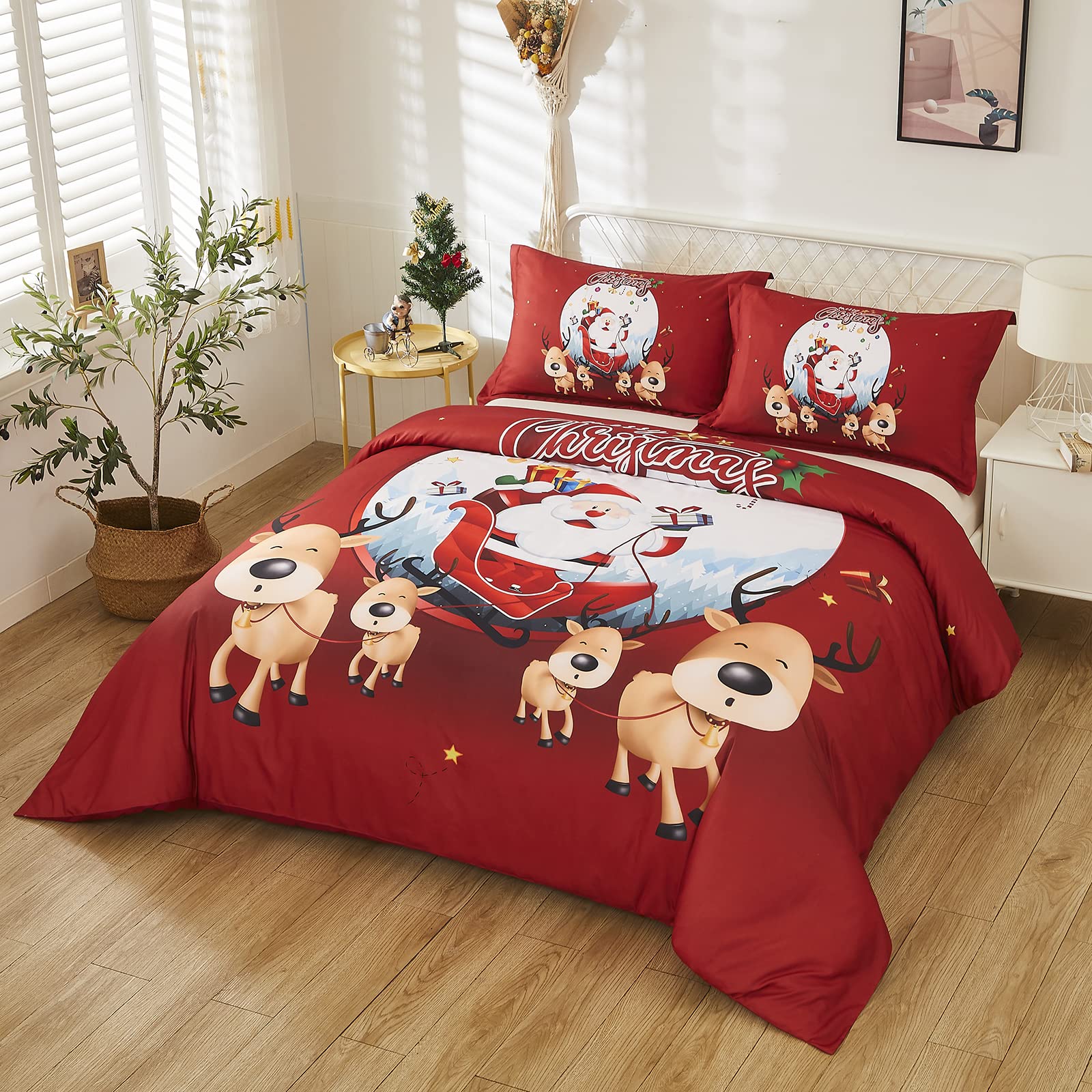 HMtideby Copripiumino Natalizio King Size 240x220cm, Set Biancheria da Letto Copripiumino Natalizio Modello Satus, Copripiumino Rosso per Decorazioni di Capodanno