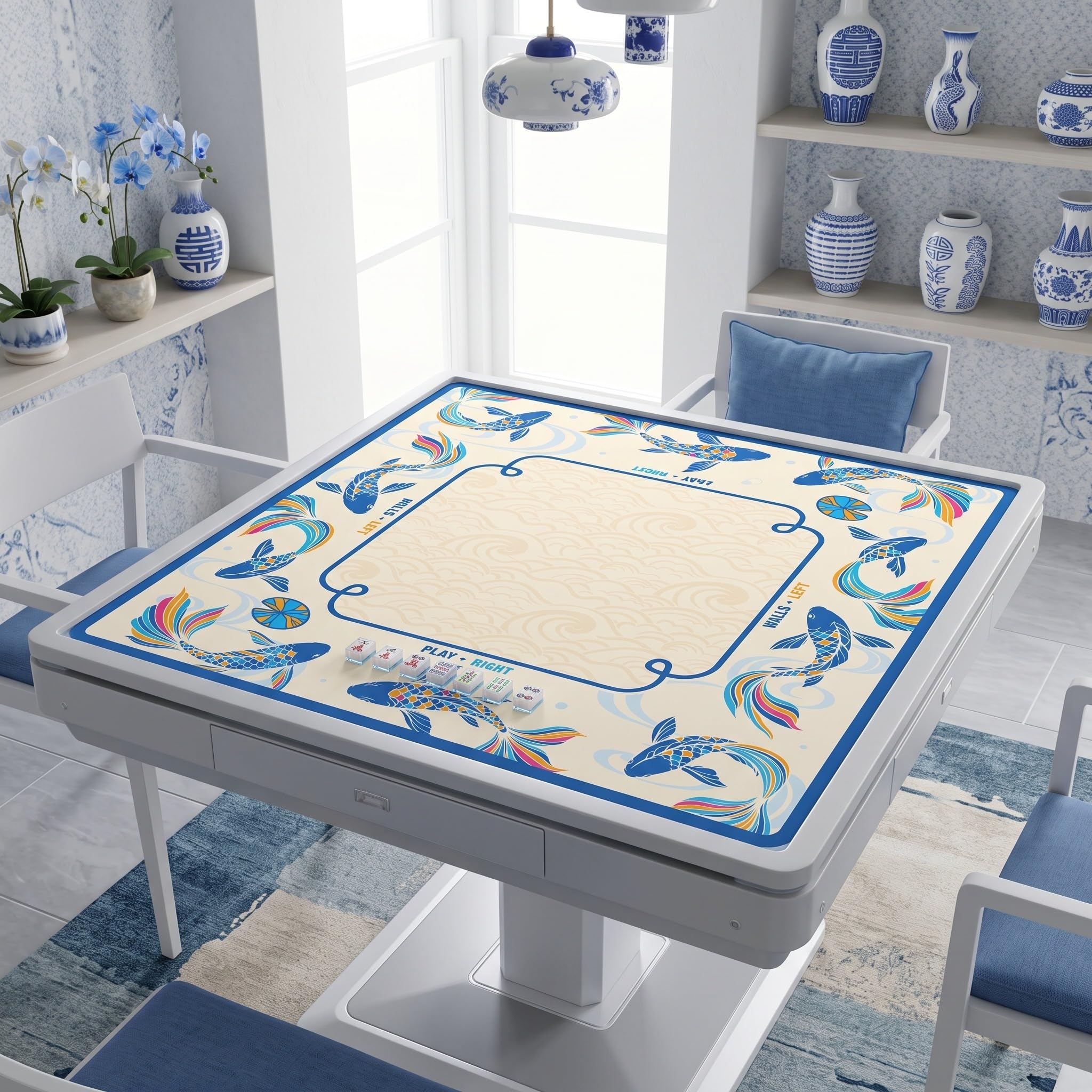 Soulchen Koi Fish Tapis de mahjong américain avec règles pour table Bleu | Tapis de jeu antidérapant avec règles, sans plis, livré roulé, 31,5 x 31,5 cm avec réduction du bruit et sac de transport