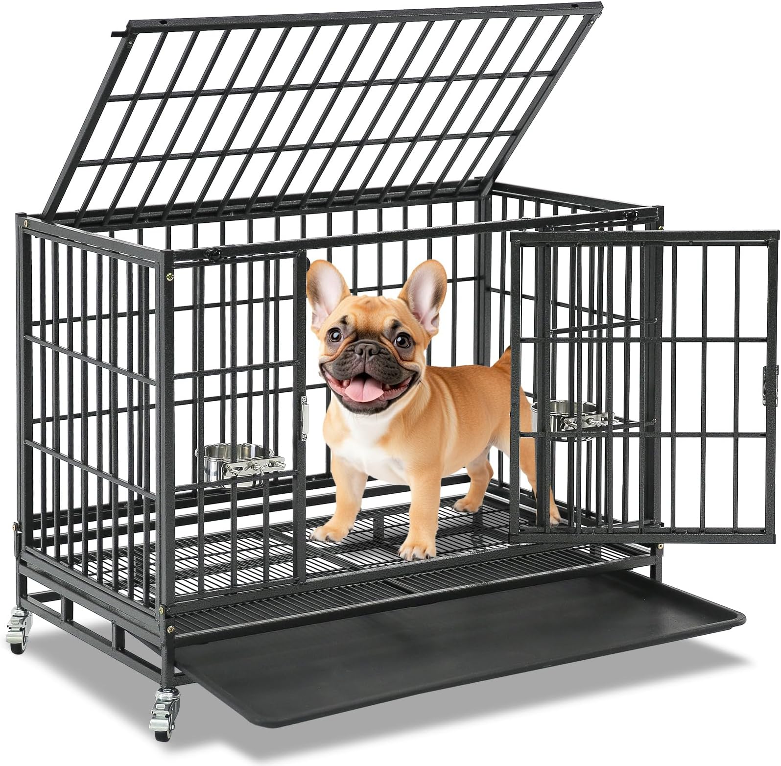 37" Heavy Duty Metal Open Top Cage w/Floor Grid, Casters and Tray