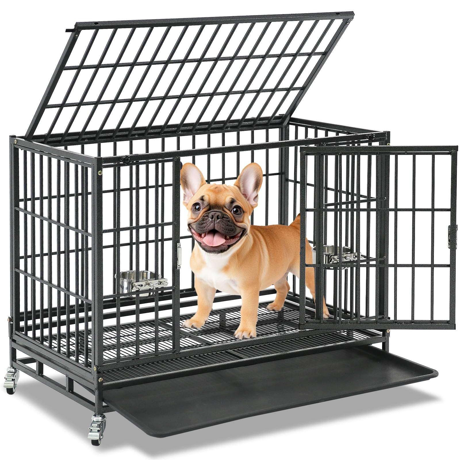 Homey Pet 37 inch Stackable Heavy Duty Dog Crate, Indestructible Escape Proof Dogs Cage Kennel with Lockable Wheels, Removable Tray & Metal Grid, Double Doors for High Anxiety Medium/Small Dogs
