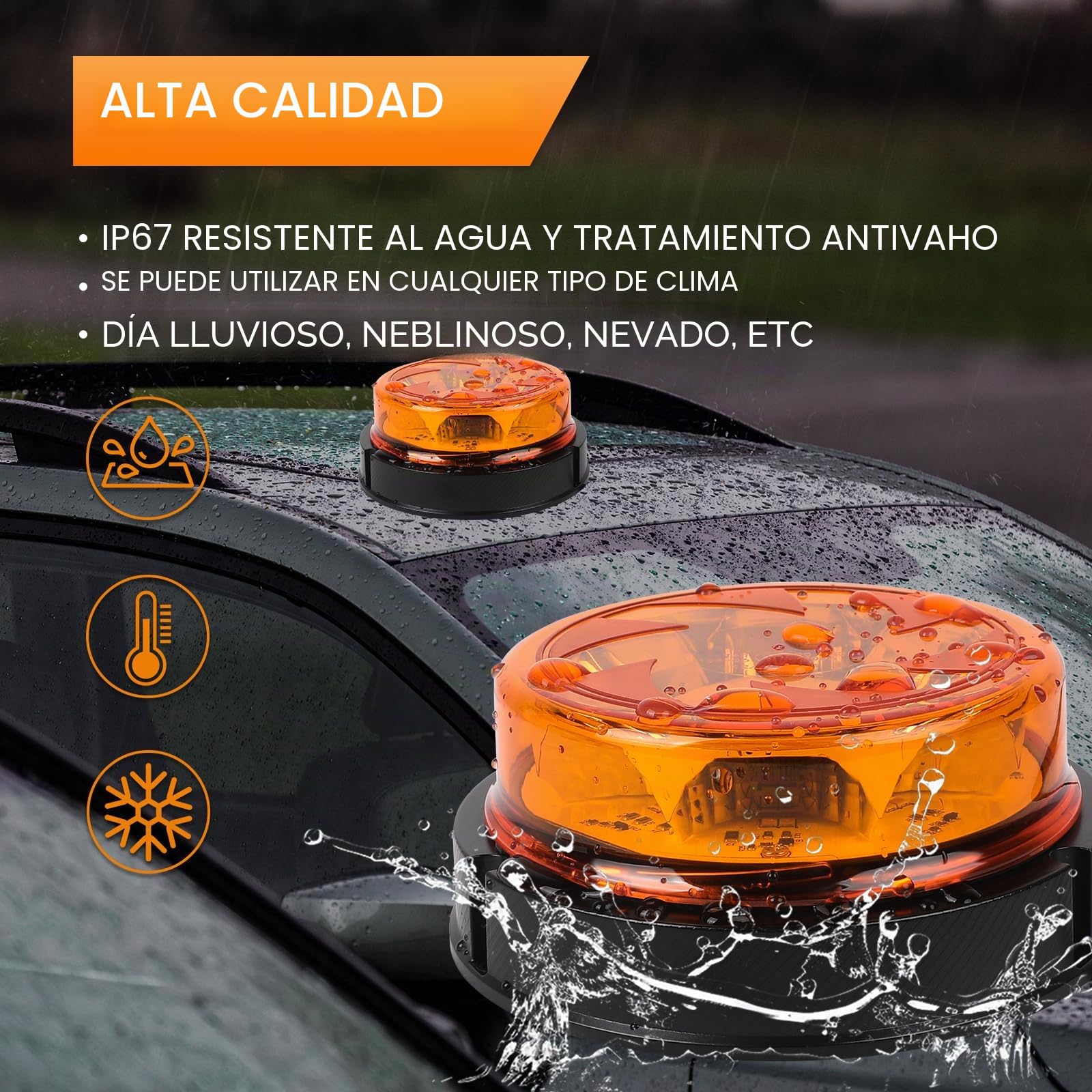 Advertencia Rotativo Beacon LED Naranja 12V 24V con 2 Rotación + 4 Strobe model, Luce intermitentes de emergencia orange Impermeable, E-marca,ECE R65,E9,R10-06