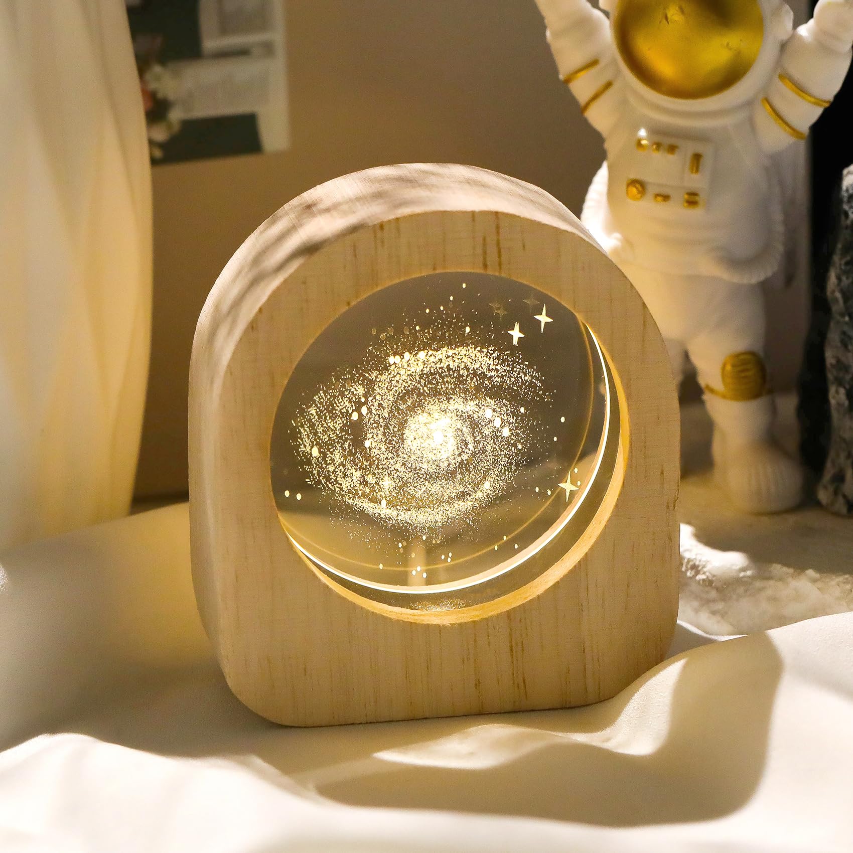 Ornalrist 3D Galaxy Planet Crystal Engraved Wood Night Lights, Astronomy Galaxy Lamps Gifts for Women Men Astronomy Lovers Science Space Universe Home Decor