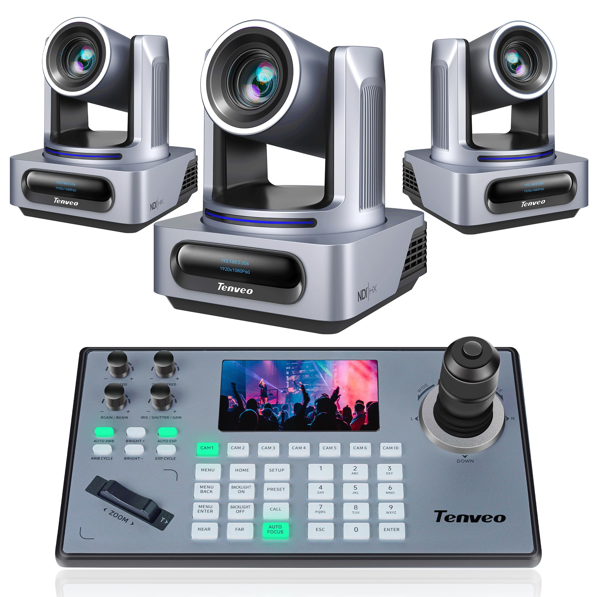 Tenveo Cámara PTZ con NDI(3PCS) Controlador de Joystick de cámara en la Plataforma de la Nube Pantalla LCD
