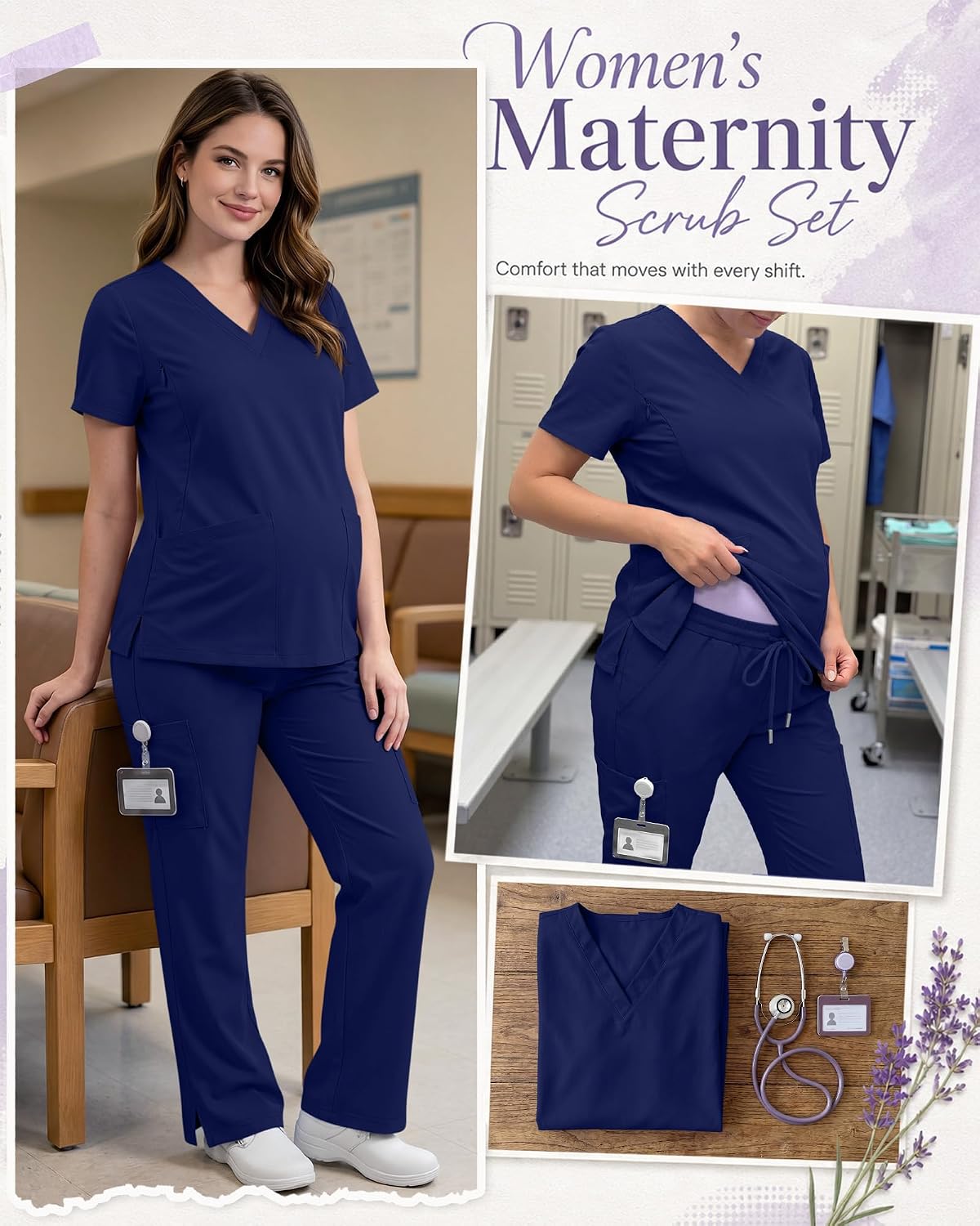 Women's Maternity Scrub Set Short Sleeve Scrub Top and Pant Pregnant Breastfeeding Nurse Suit with Multi Pockets