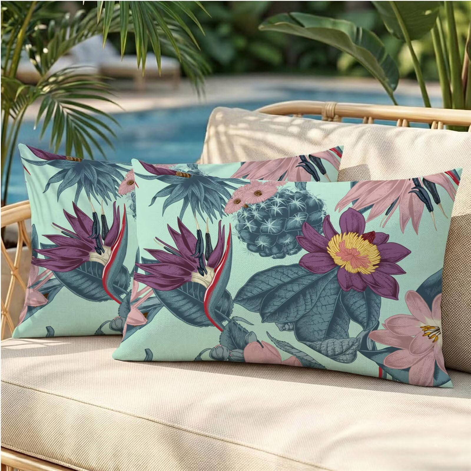 Housse de coussin bleu canard 50x90 impermeable et anti-tache en lin pour mobilier de jardin