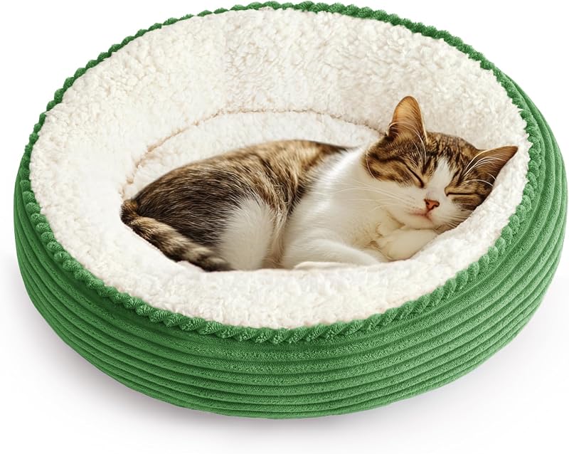 Cama Redonda para Gatos e Cães Pequenos Love's cabin com Borda Alta, Fundo Antiderrapante e Tecido Verde Listrado, 50,04 x 50,04 x 14,99 cm