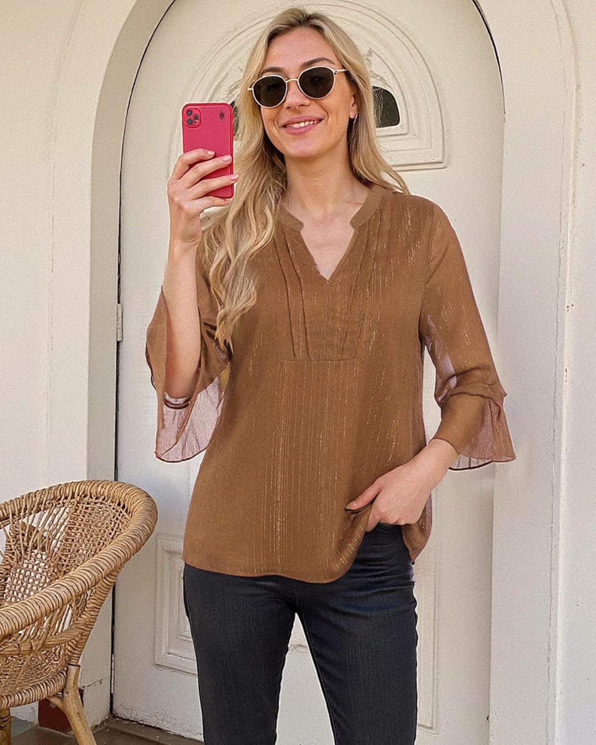 Furnex Womens 3/4 Sleeve Tops Dressy Casual Elegant Blouses V Neck Shirts Floral Double Layered Chiffon Tunic - Image 3