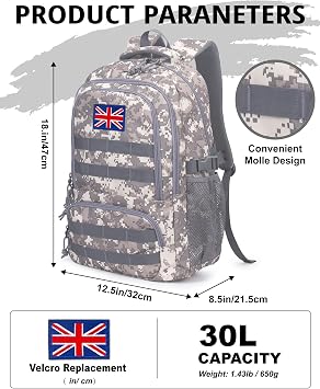 30L Tactical Camo Backpack for Boys 900D Military Schoolbag with 4 Pockets
