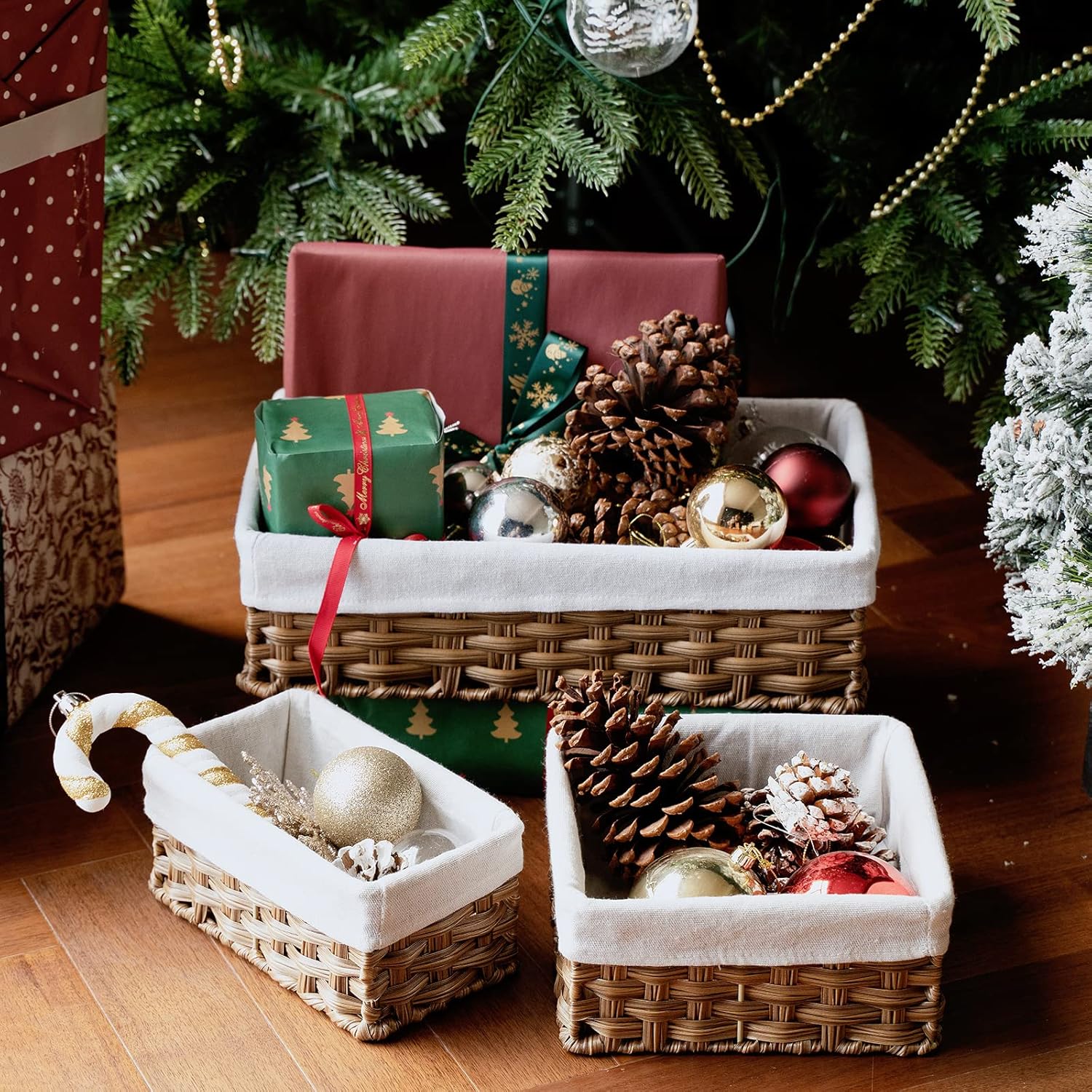 FairyHaus Wicker Baskets for Organizing, Waterproof Rectangle Small Storage Basket for Shelves, Nesting Lined Set of 3, Rustic Brown