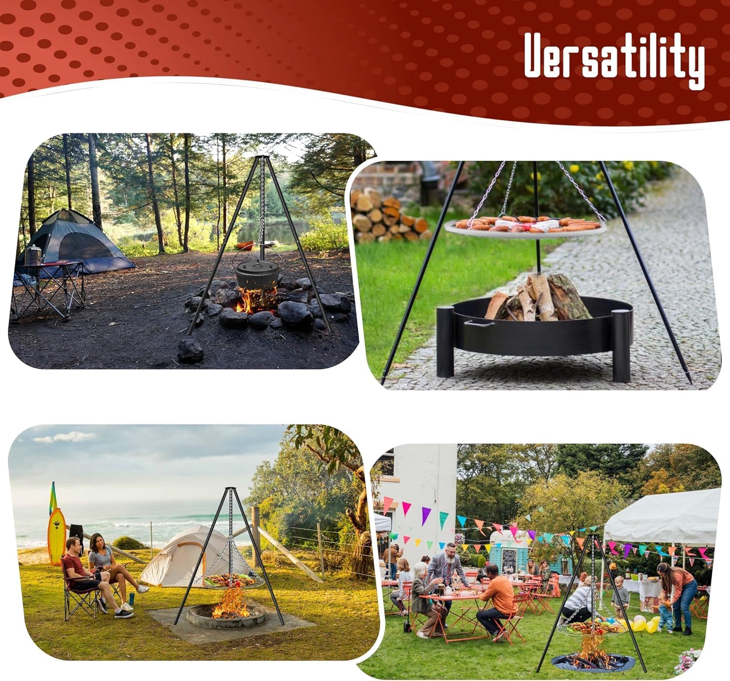 FEBTECH - 55" Steel Tripod Grilling Set - Camping Accessories For BBQ Grill Cooking - Camping Charcoal Grills Grate - Campfire Grill Grate Over Fire Pit with Tripod Stand