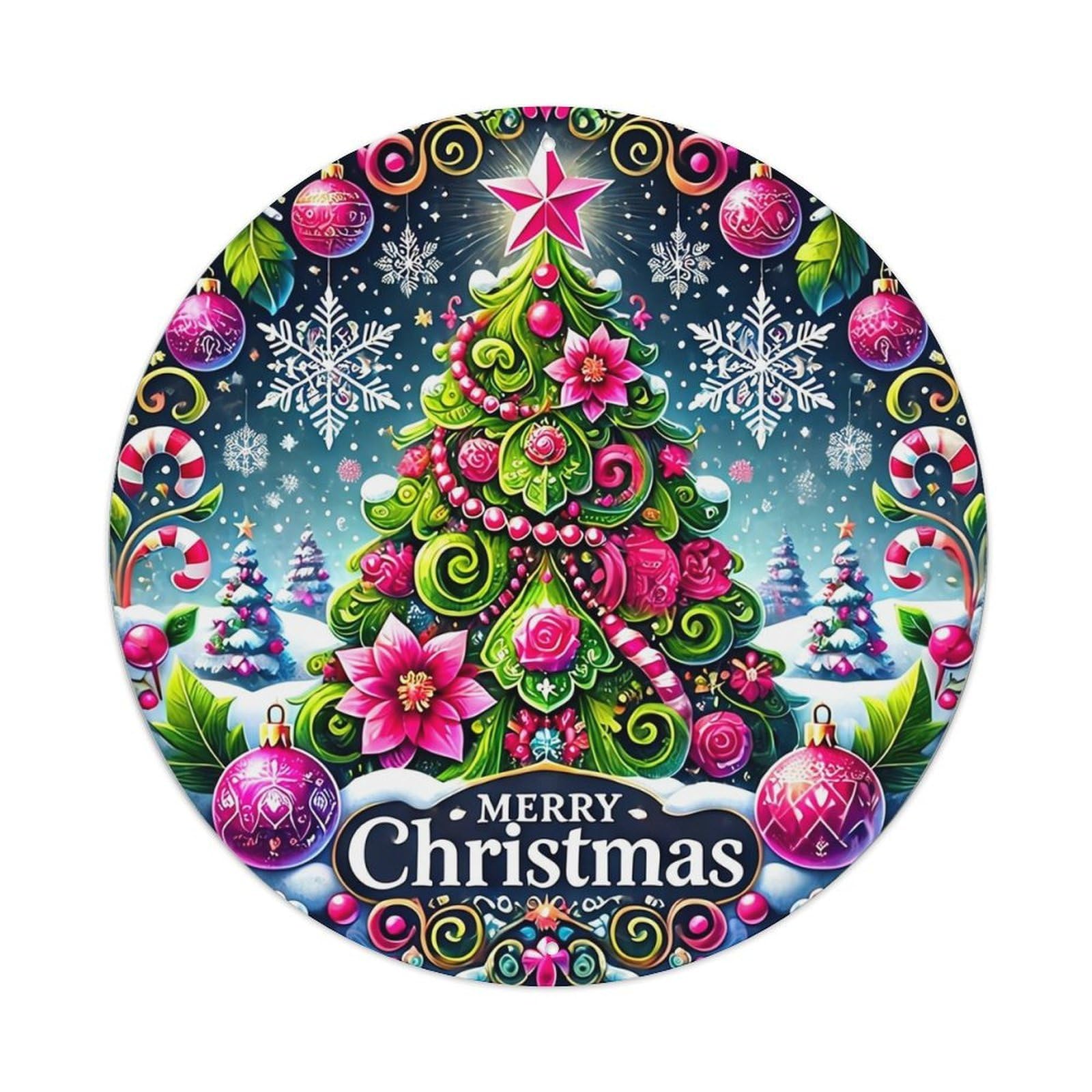 Christmas Tree Ornaments Snowflakes Candy Canes Round Metal Tin Sign Vintage Wall Decor, Bar Garage Cafe Kitchen Home Wall Art Poster 8x8inches