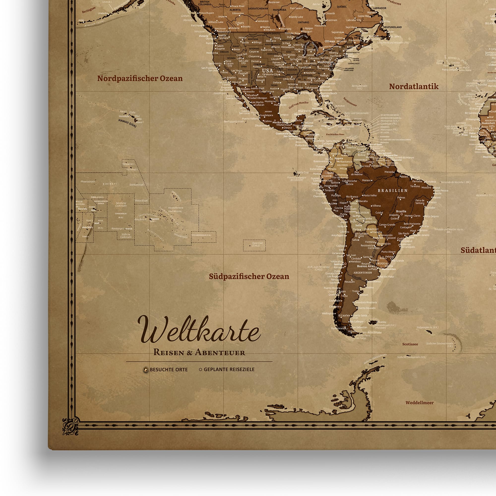 Generisch Personalisierbare Leinwand aus Weltkarte Motiv mit Rückwand-Pinnwand, perfekt für Reisende und als Wanddekoration, Dekorative Leinwandbilder, inkl. 100 Pins (Design 3, 120x80cm)