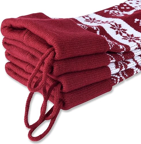 Miniatura 5 de Starry Dynamo Juego de medias de Navidad de punto rojo burdeos de 21 pulgadas  blanco (5 unidades de renos grandes y pequeños, copos de nieve, árbol