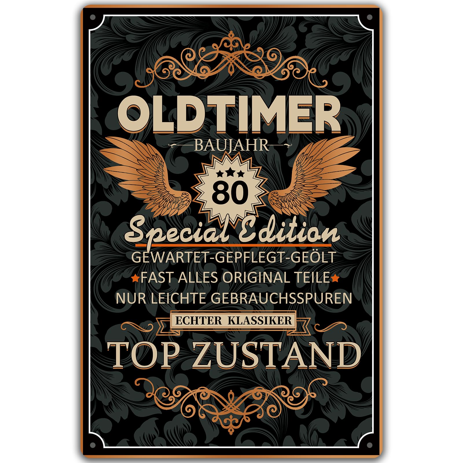 Blechschild 80 Schild Geburtstag, Oldtimer BAUJAHR 80 Topzustand, Geschenke für den 80 Geburtstag Mann, lustiges Schild 80 Geburtstag Deko als lustige Geburtstagskarte, Vintage Metallschild 20x30 cm