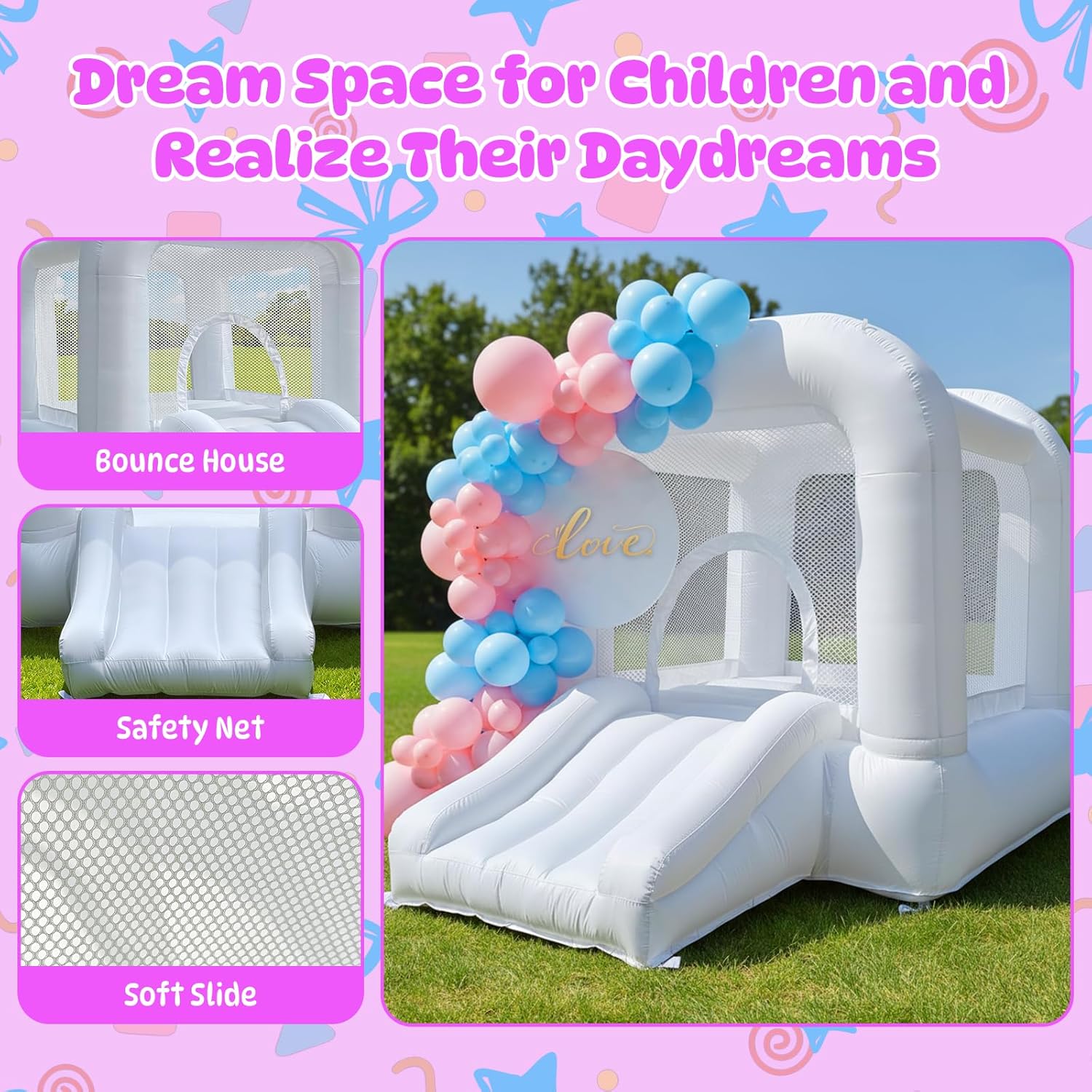 Bounce House,White Bounce House with Slide,Bouncy Castle for 3-6 Kids, 8.33ft L x 5.4ft W x 6.17ft H, Indoor/Outdoor, Castle Theme（Without Blower）