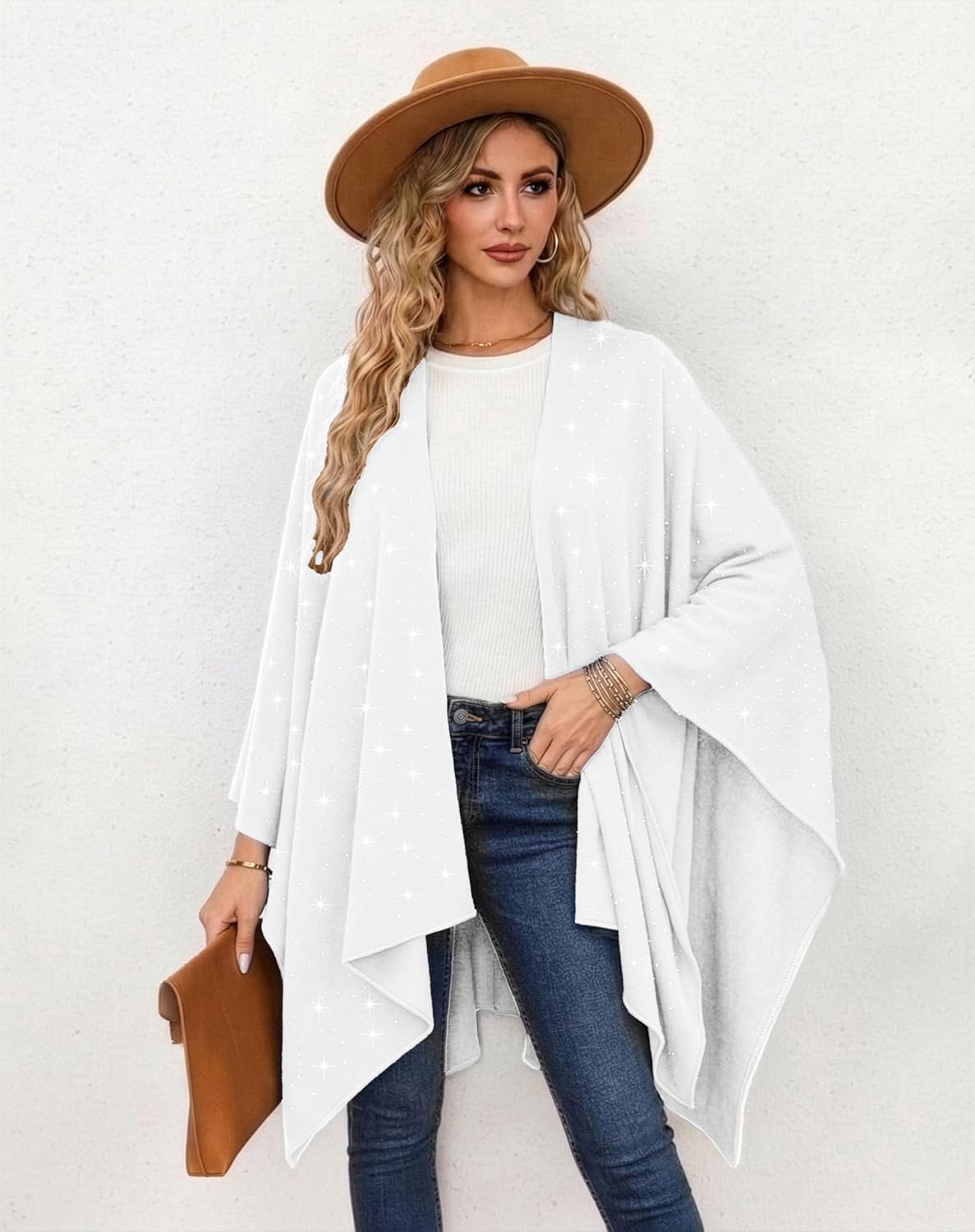 REEMONDE Womens Rhinestones Open Front Poncho Shawl Wrap Cape Ruana Travel Blanket Cardigan