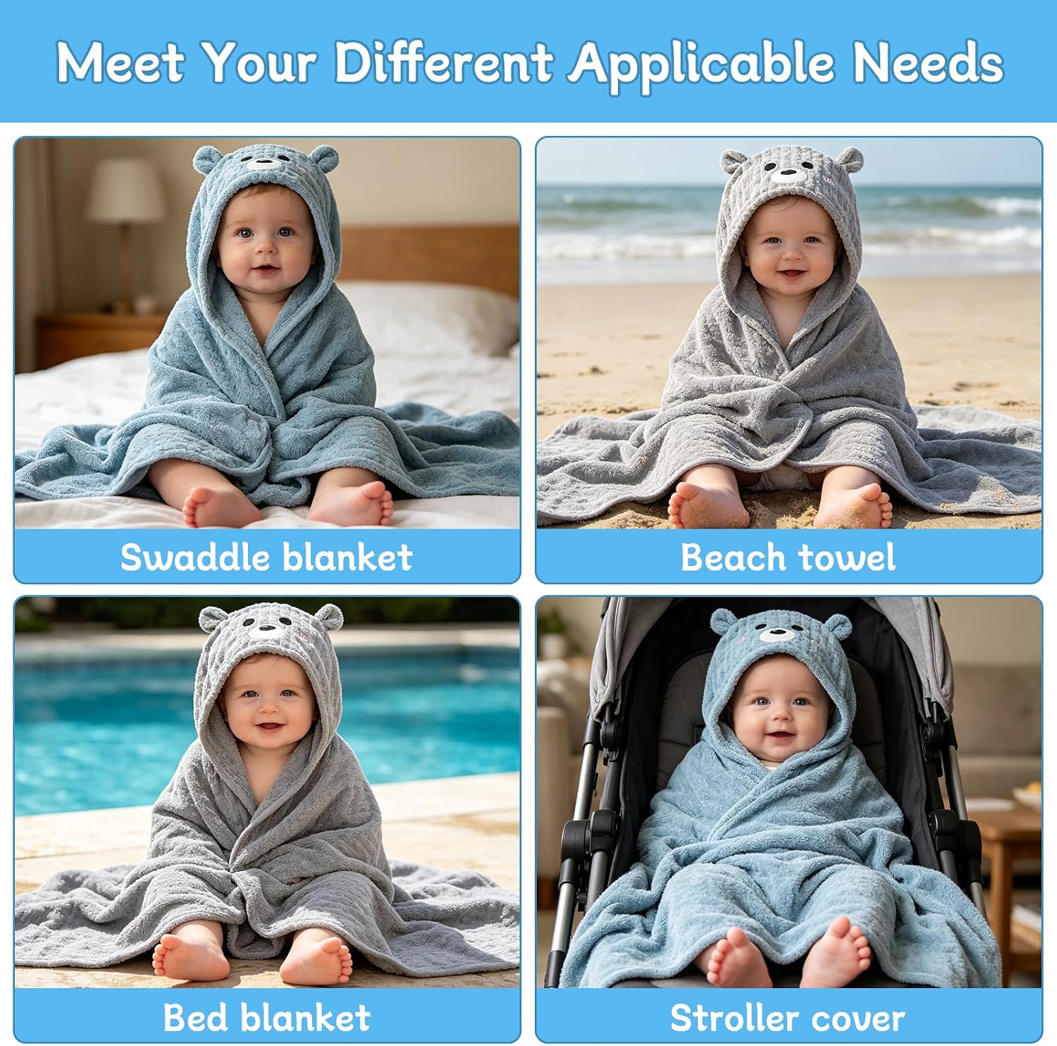 10 PCS 55in*27.5in Thicken Baby Towels Set, 2 PCS Soft Hooded Baby Towels & 8 PCS Washcloths, Baby Bath Towels for Newborns, Infants & Toddlers, Ultra Absorbent, Cute Baby Towel Gift for Boys