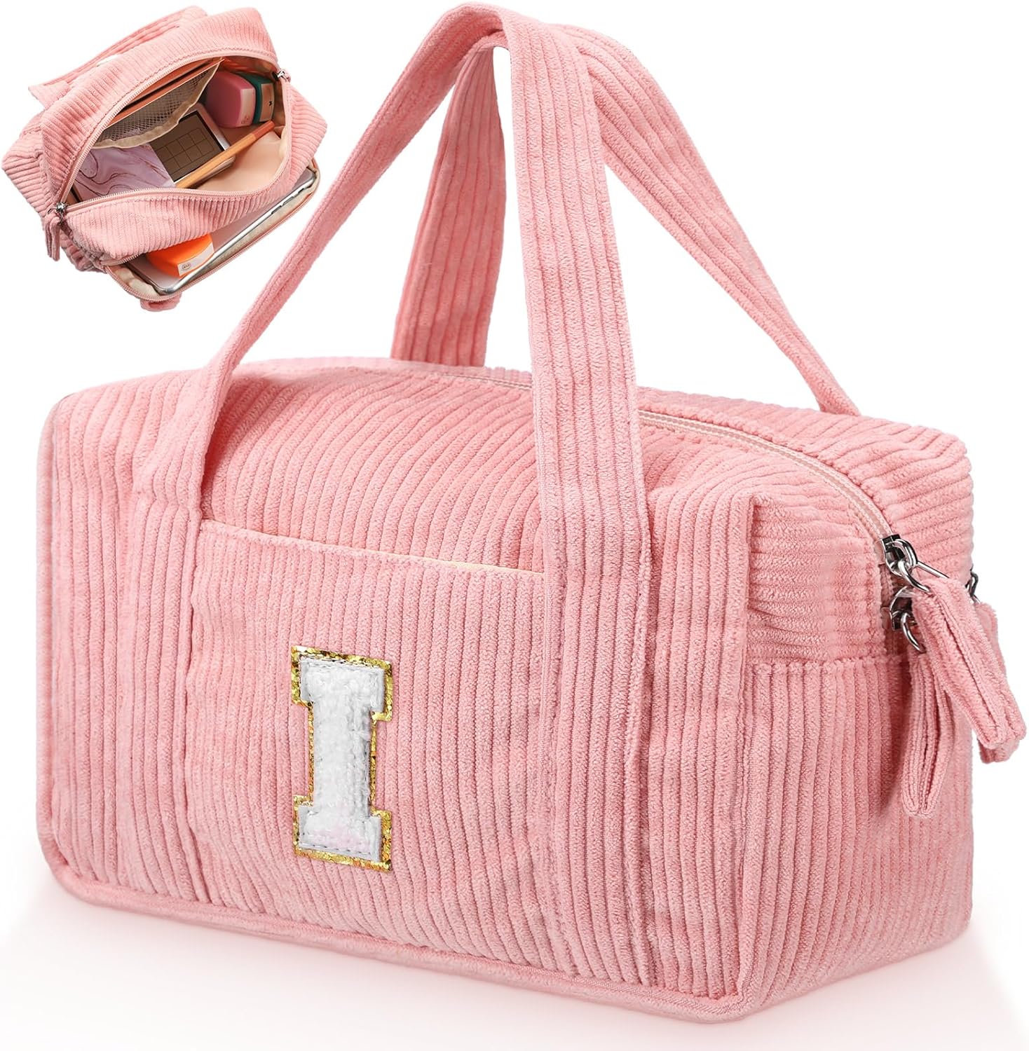 Sherr Large Pencil Pouch Pink Pencil Case Initial Pencil Pouch Preppy Cute Pencil Bag Aesthetic Corduroy Pen Case Capacity Zipper Stationery Bag Gift Ideal for Women(I)