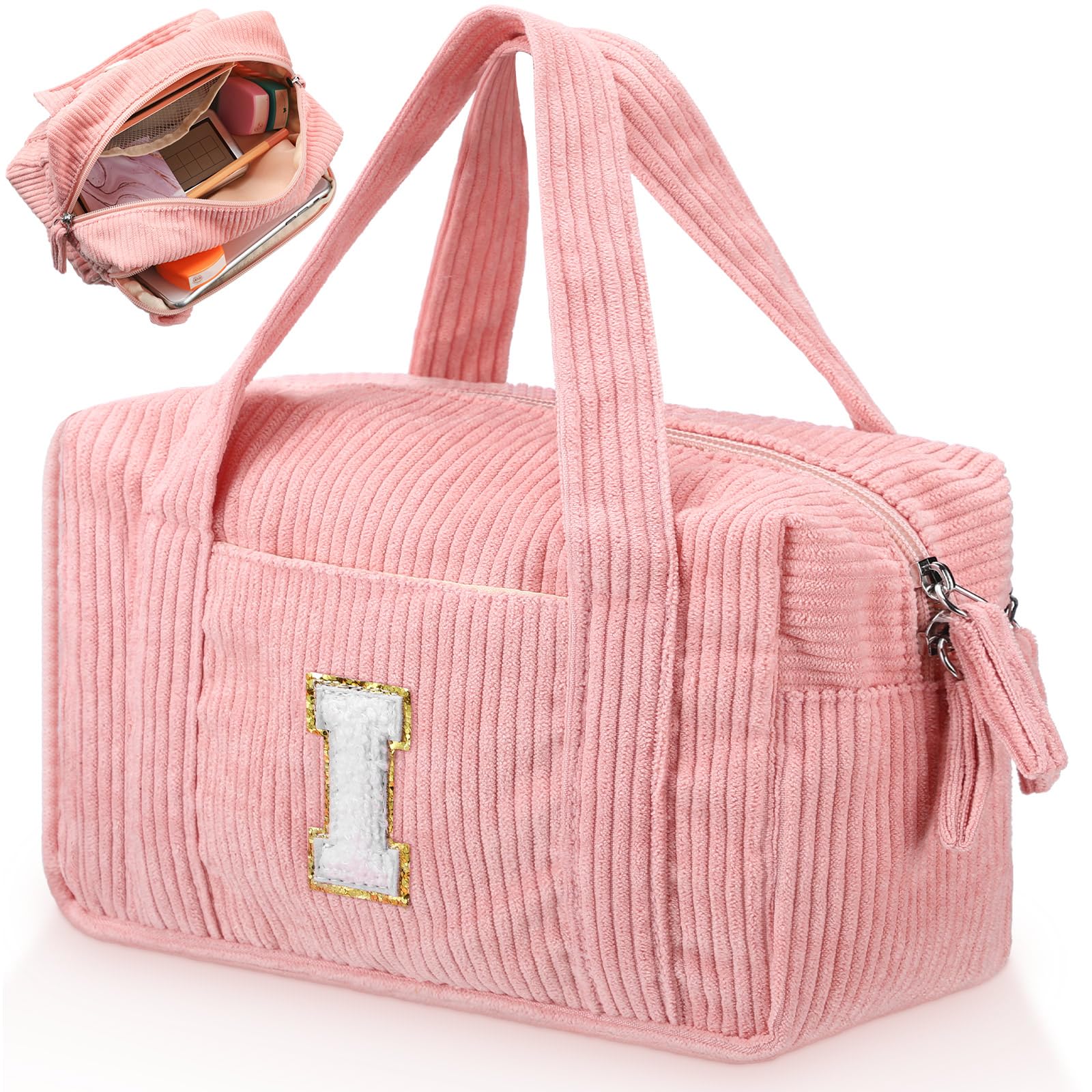 Sherr Large Pencil Pouch Pink Pencil Case Initial Pencil Pouch Preppy Cute Pencil Bag Aesthetic Corduroy Pen Case Capacity Zipper Stationery Bag Gift Ideal for Women(I)