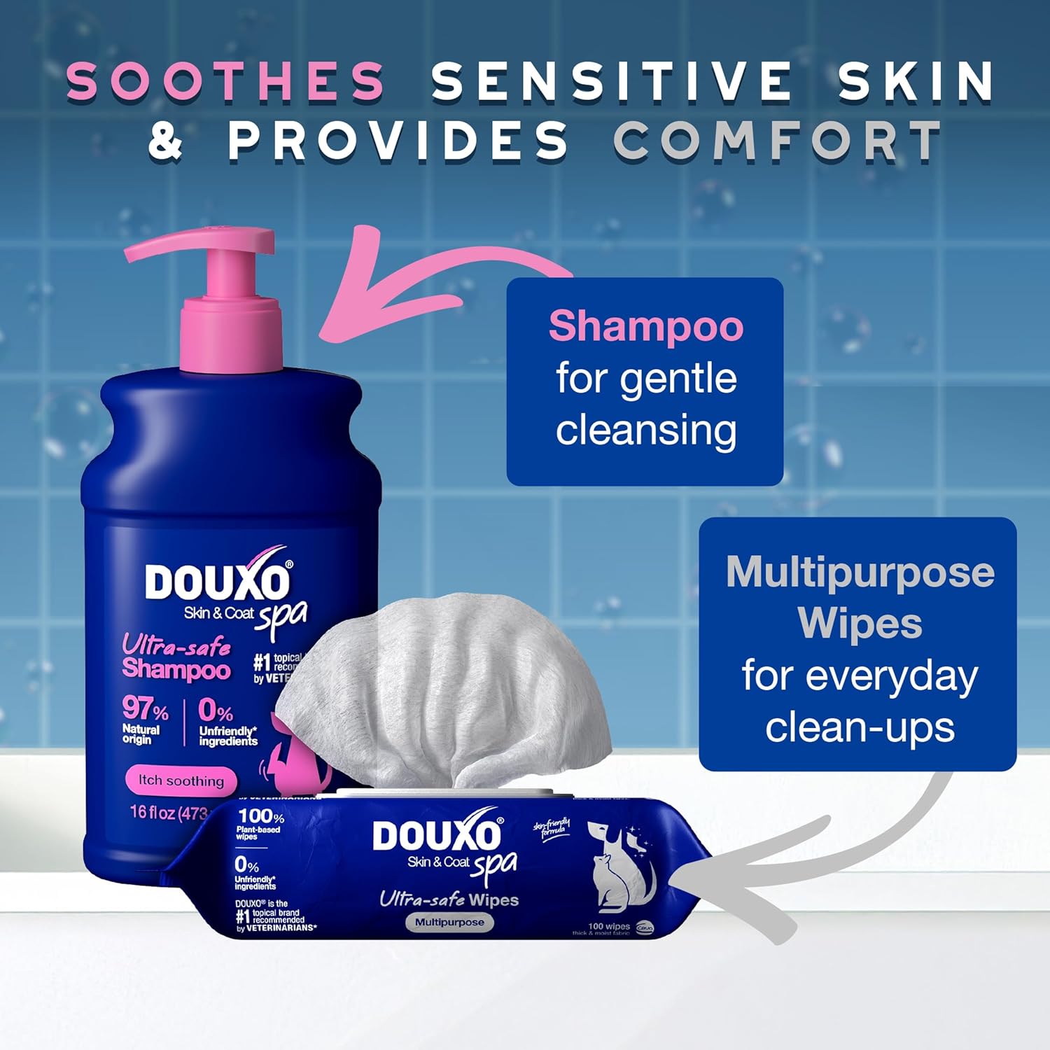 DOUXO® Skin & Coat SPA – Ultra-Safe Combo for Dogs, Sensitive Skin Soothing Shampoo (16 fl oz, Cleanses & Soothes) + Multipurpose Wipes (100 Count, Refreshes Coat)