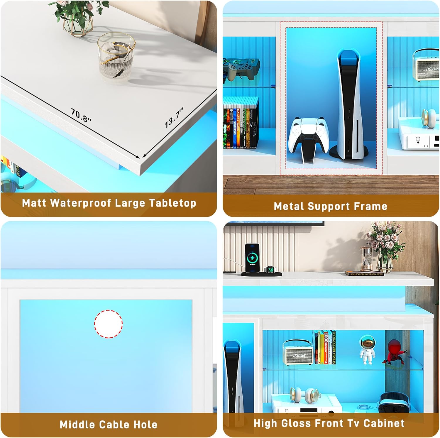 71" LED TV Stand with Power Outlet,60-Colors LED Lights For 65 70 80 in TV,High Gloss Gaming Entertainment Center w/Adjustable Shelves,White TV Console with Modern Design for Living Room Bedroom