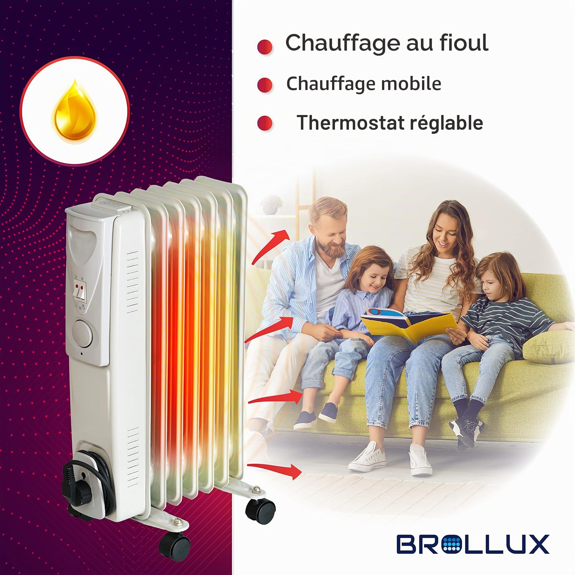 BROLLUX Chauffage à huile électrique 1500W Radiateur à huile Chauffage électrique 7 ailettes Radiateur mobile Appareil de chauffage Thermostat Chauffage à huile