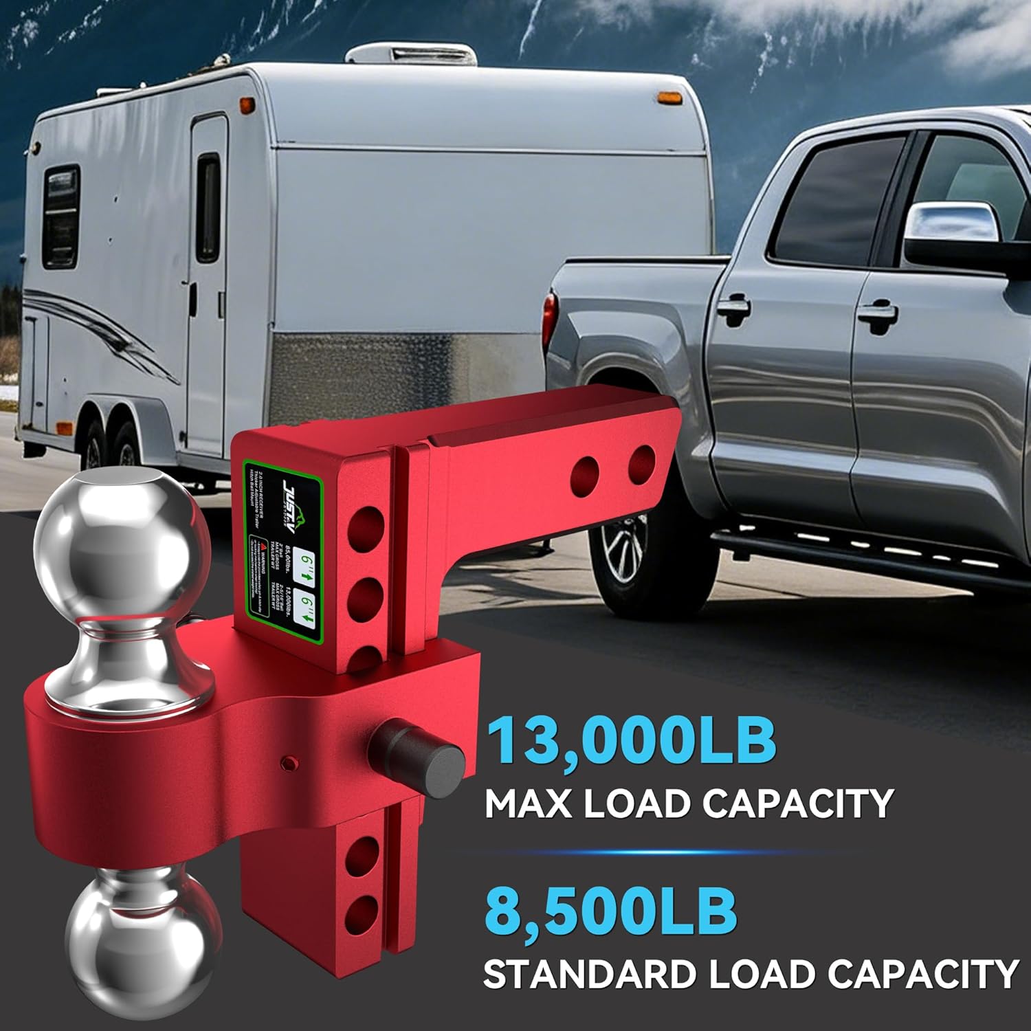 Just-V Adjustable Trailer Hitch - Aluminum Drop Hitch Fits 2" Receiver, 21500 LBS GTW, Heavy Duty Tow Hitch with 6" Drop/Rise Dual Balls (2" & 2-5/16") for Truck Red