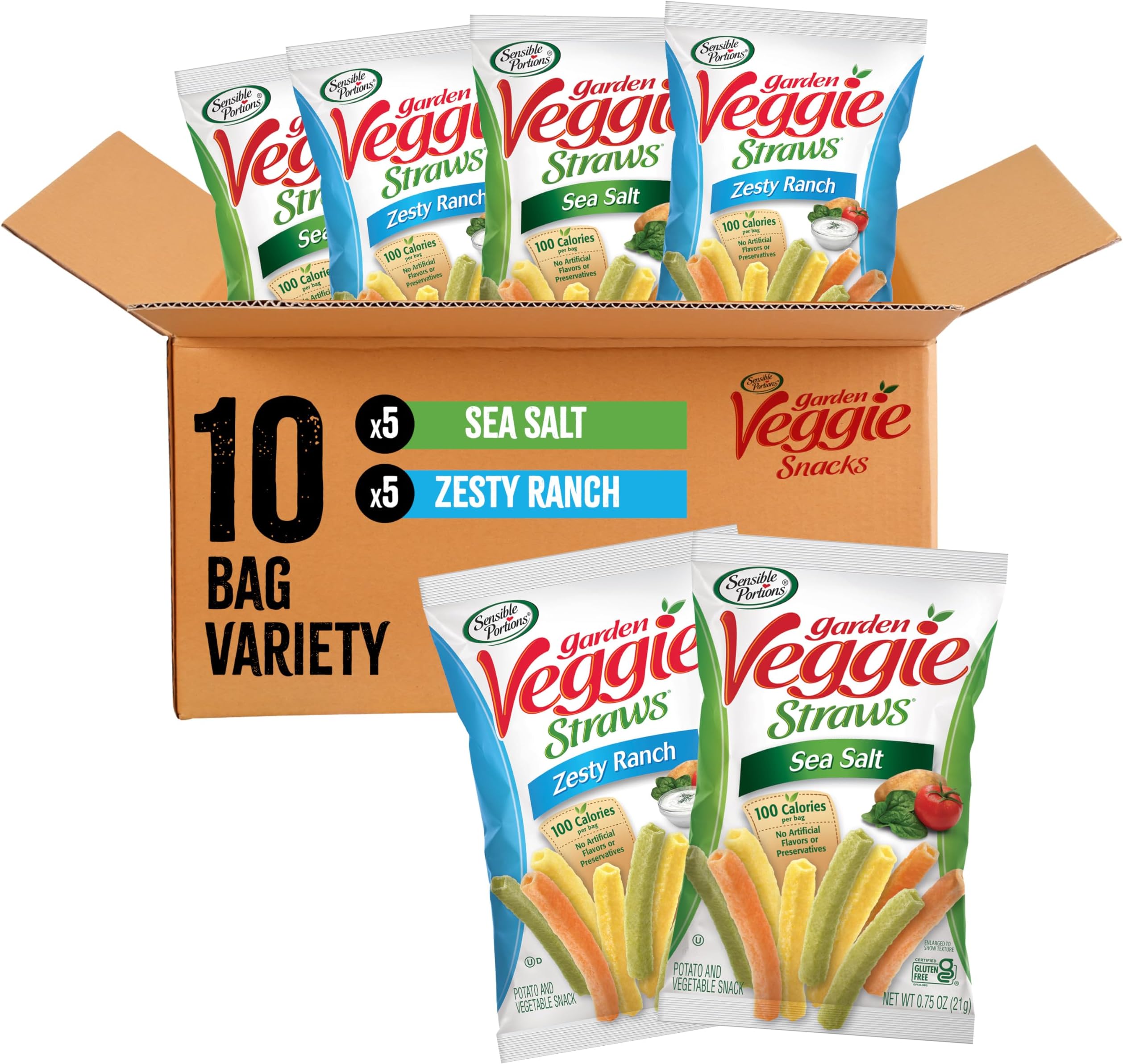 Sensible Portions Veggie Straws Multi-Pack, Sea Salt and Zesty Ranch Flavor, Gluten-Free Chips, Individual Snacks, 0.75 Ounce Bag, 10-Pack