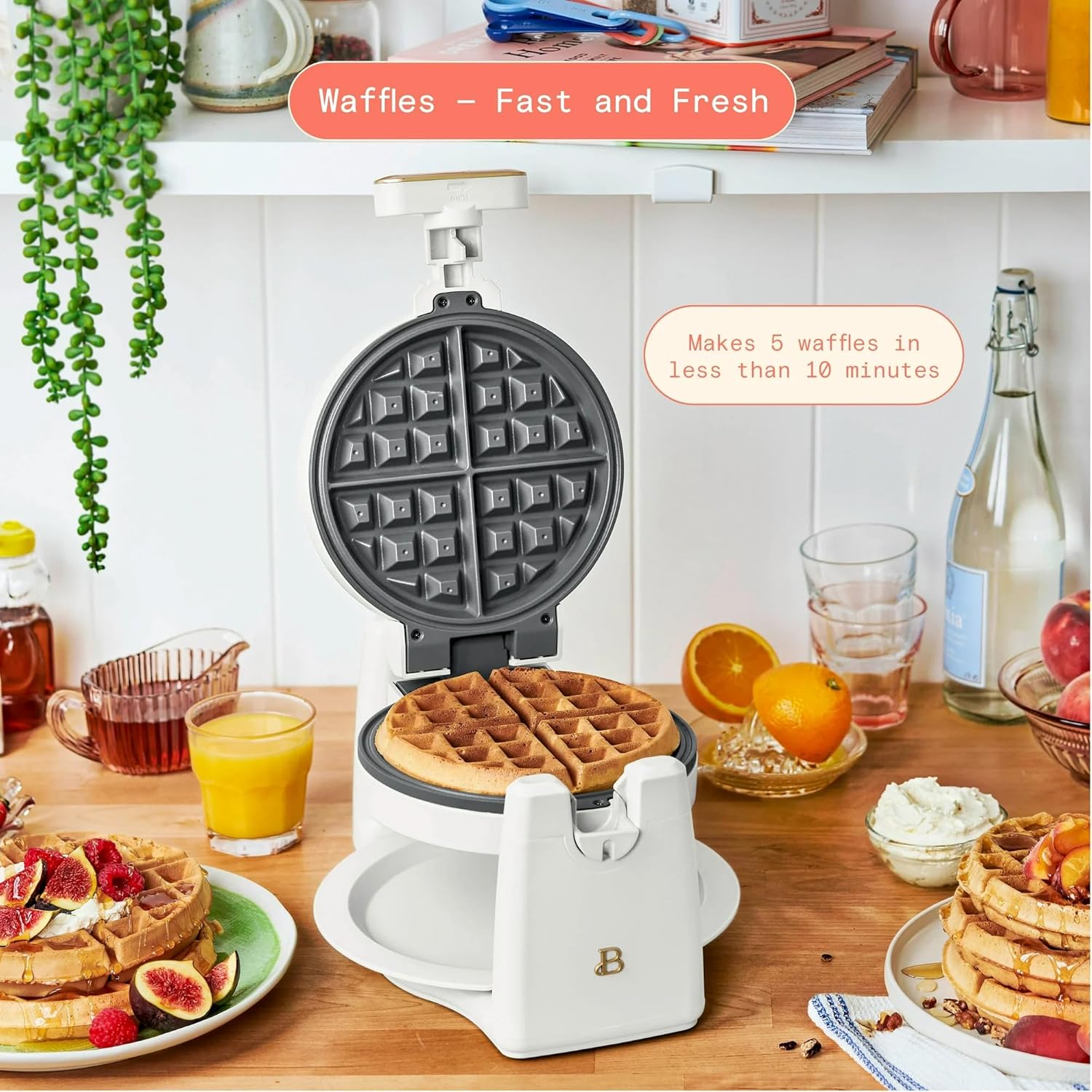 Rotating Belgian Waffle Maker 1000W with 7 Browning Settings, 1 Inch Thick Nonstick Waffle Iron with Even Heating System and Removable Drip Tray (White Icing)