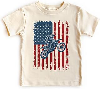 Vintage American Flag Dirt Bike Shirt for Kids - USA 4th of July Dirt Biking Racing Outfit - Mens Boy Toddler Youth Kids Clothing