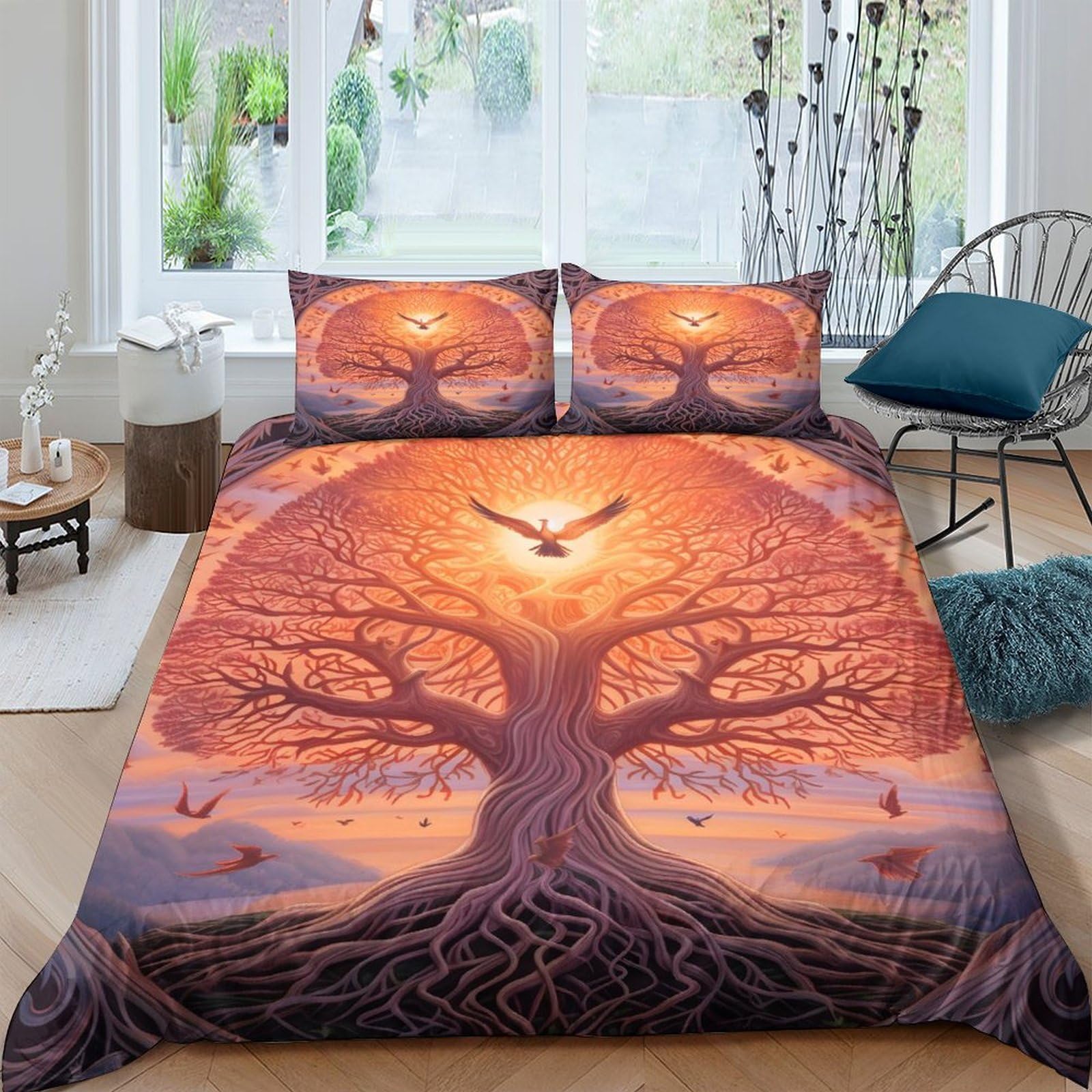 Ctjqhvkz Style-10 3D Printed Tree Of Life Fitted Sheet Microfiber Orange Sunset Forest Bed Sheet For Bedroom Guest Room Decor Single（135X200cm）