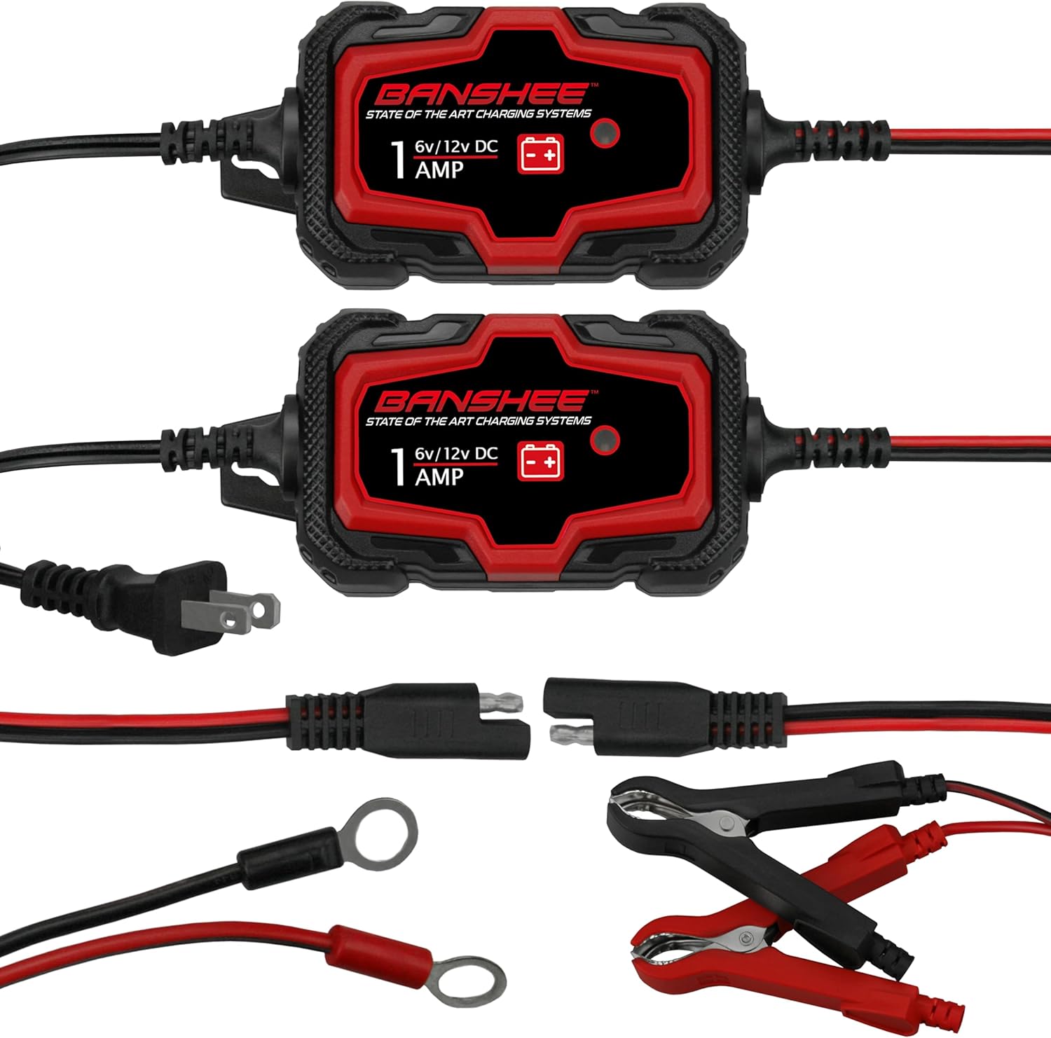 2 Pack 1-Amp Car Battery Chargers, 6V 12V Smart Fully Automatic Battery Charger Maintainer, Trickle Charger for Car, Lawn Mower, Motorcycle, Boat, Marine