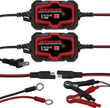 2 Pack 1-Amp Car Battery Chargers, 6V 12V Smart Fully Automatic Battery Charger Maintainer, Trickle Charger for Car, Lawn Mower, Motorcycle, Boat, Marine
