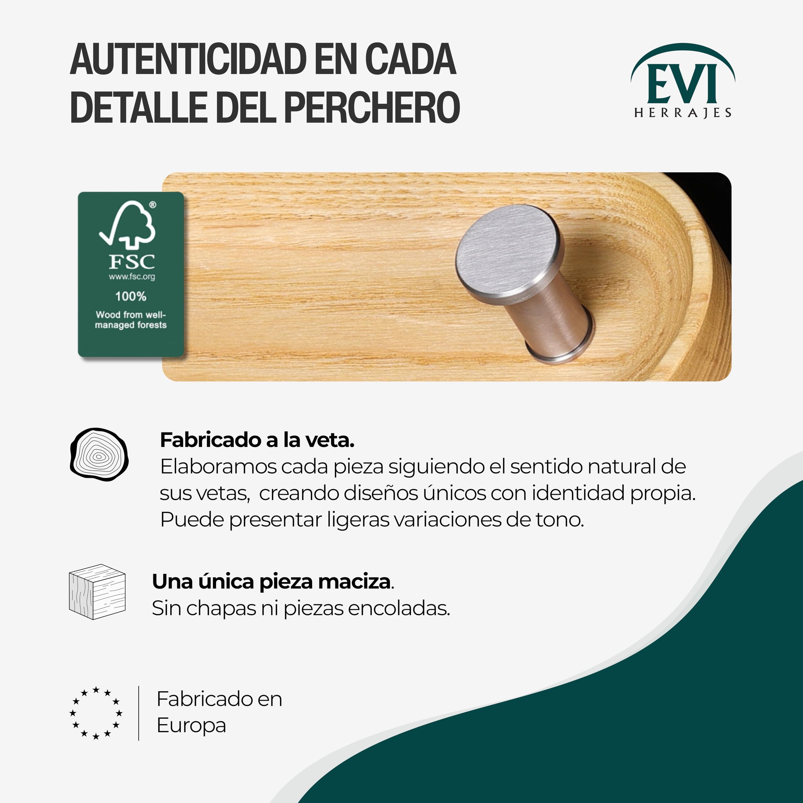 EVI Herrajes | Perchero de pared de 4 colgadores | Madera maciza de fresno | Colgadores de acero inoxidable | Kit de montaje incluido | Mod. Cova 4CFRAM