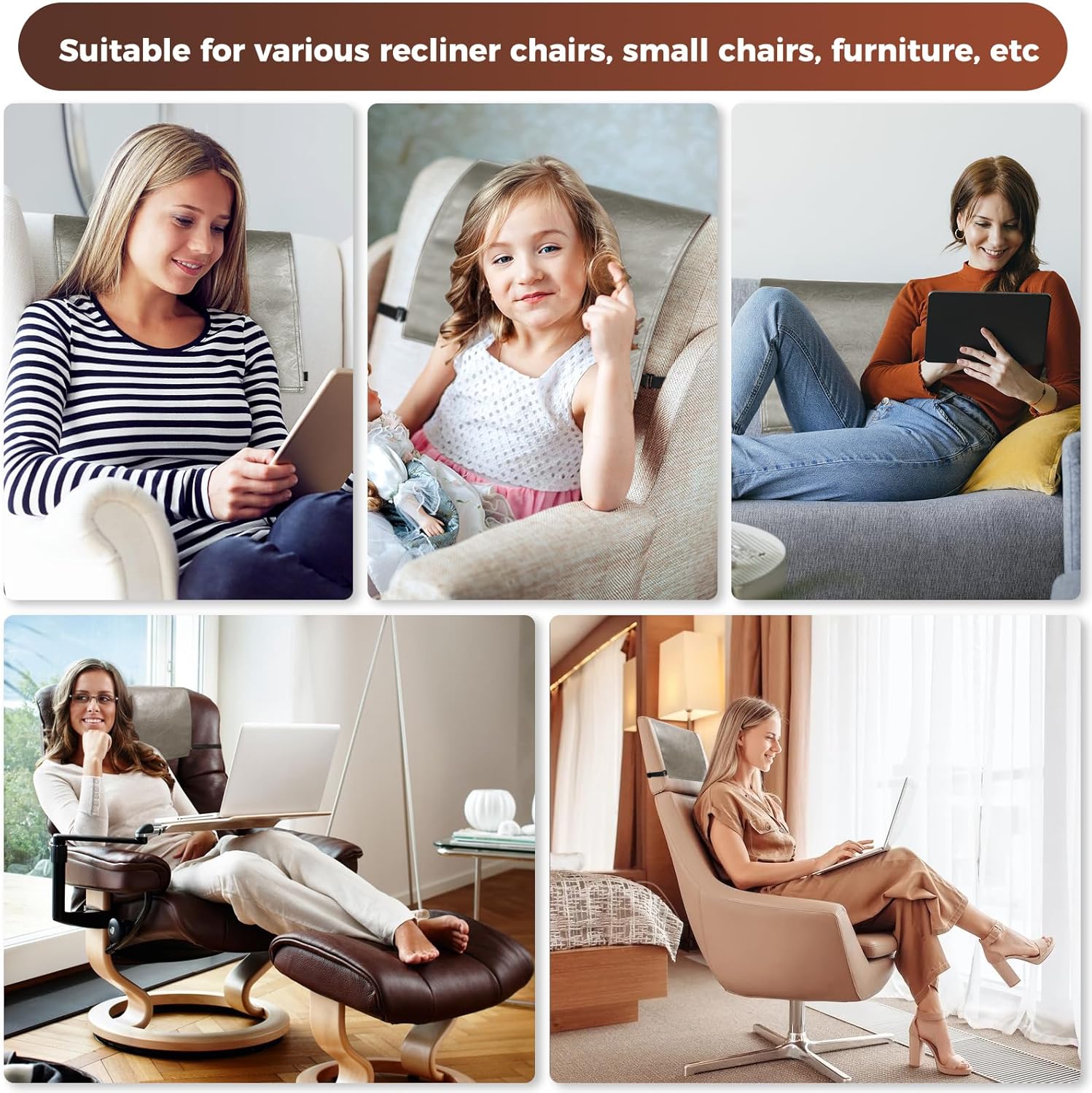 Headrest Cover for Recliner Chair Recliner Headrest Protector Faux Leather Headrest Cover with Elastic Straps Couch Headrest Covers for Furniture Sofa Protector Office Chair 17 x 27In(Taupe)