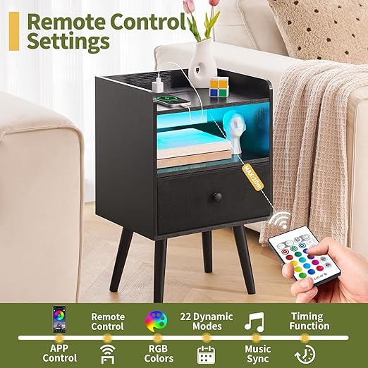 Yoobure Nightstand with Charging Station, Modern Night Stand with LED Lights, Wood Nightstands with Fabric Drawer & Storage Shelf, Night Stands Bedside Table with USB Ports for Bedroom, Office, Home thumbnail 4