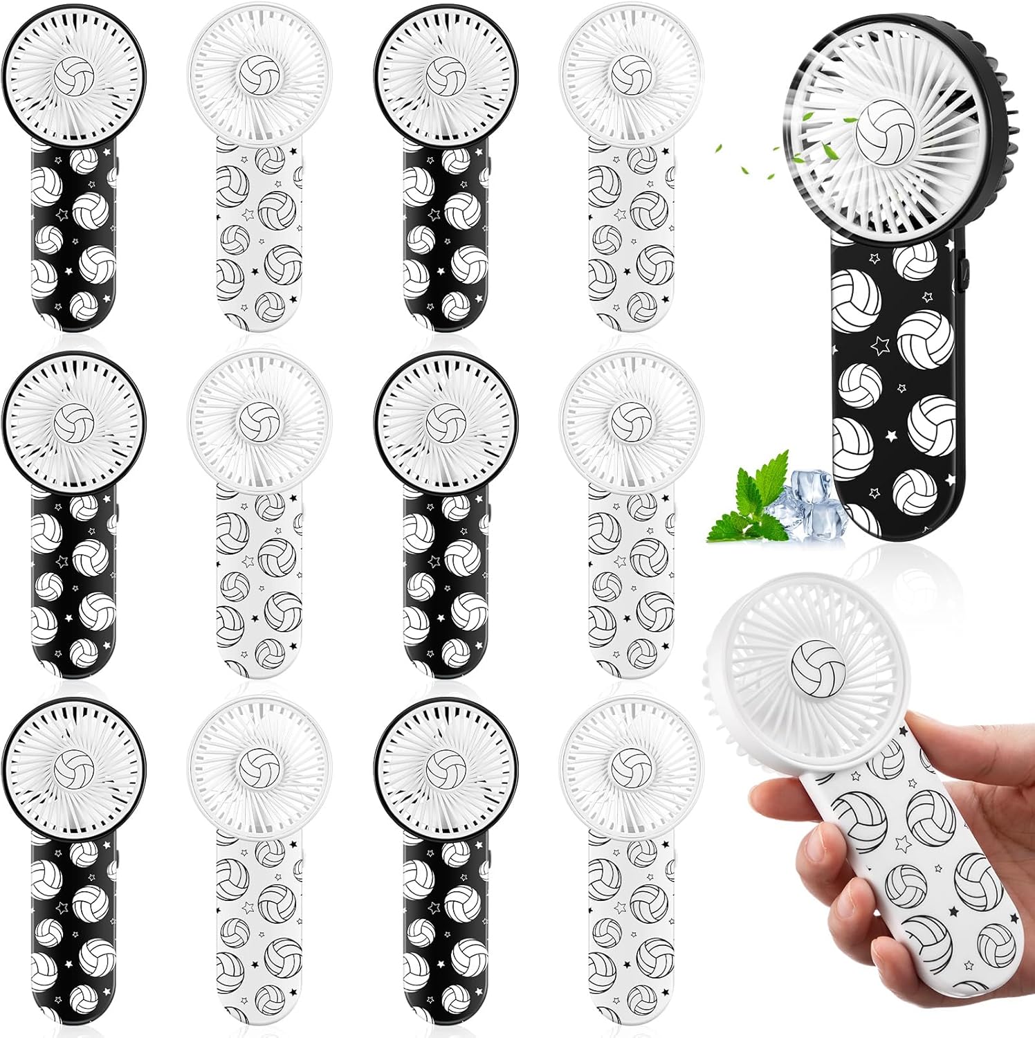 12 Pcs Volleyball Team Gifts Mini Volleyball Handheld Fan Bulk Small Portable Battery Operated Pocket Fan with Lanyard for Players and Lovers Coach Party Favor Goodie Bag (Stylish,Black,White)